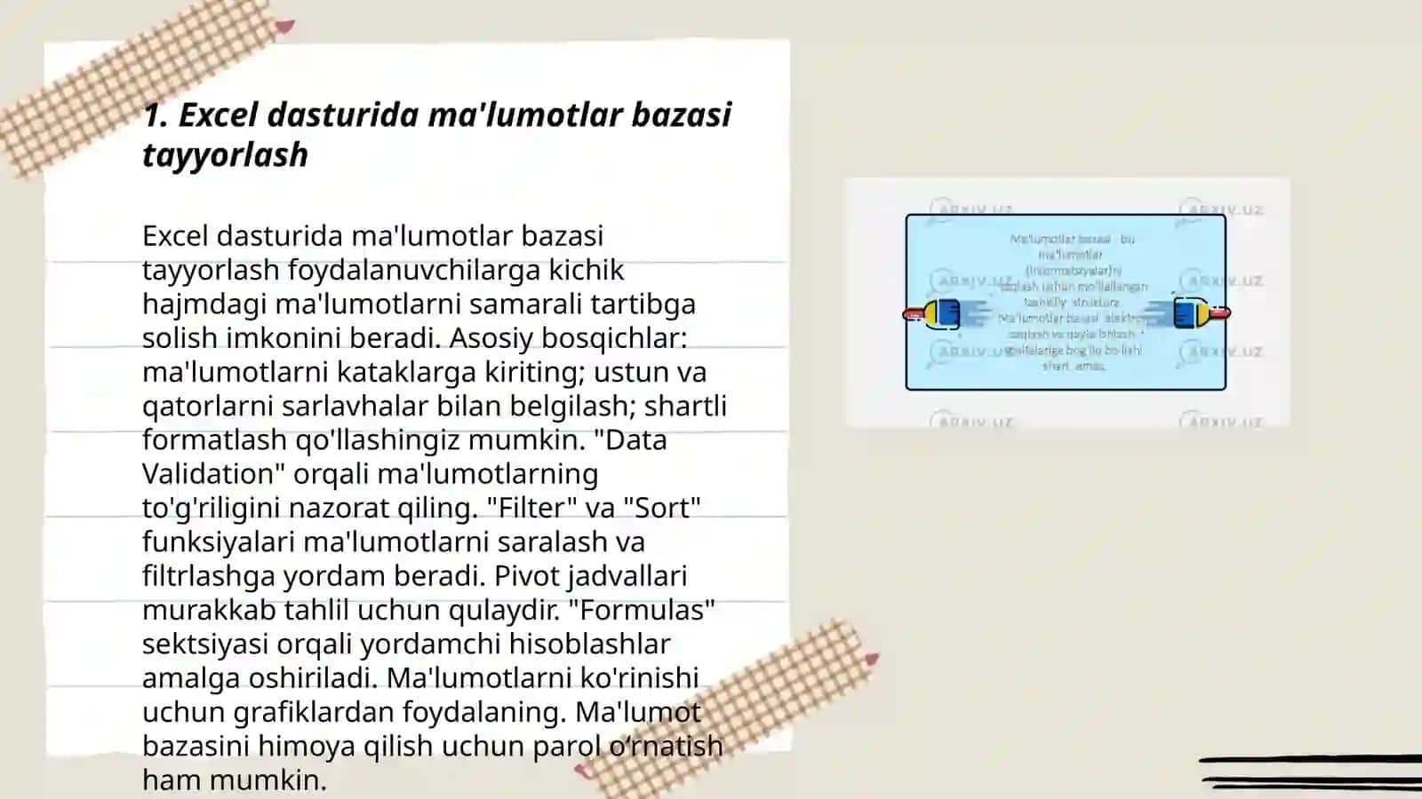 Spreadsheet dasturiy taʼminotida maʼlumotlar bazasi tayyorlash va unga avtomatik filtirlarni o'rnatish 3