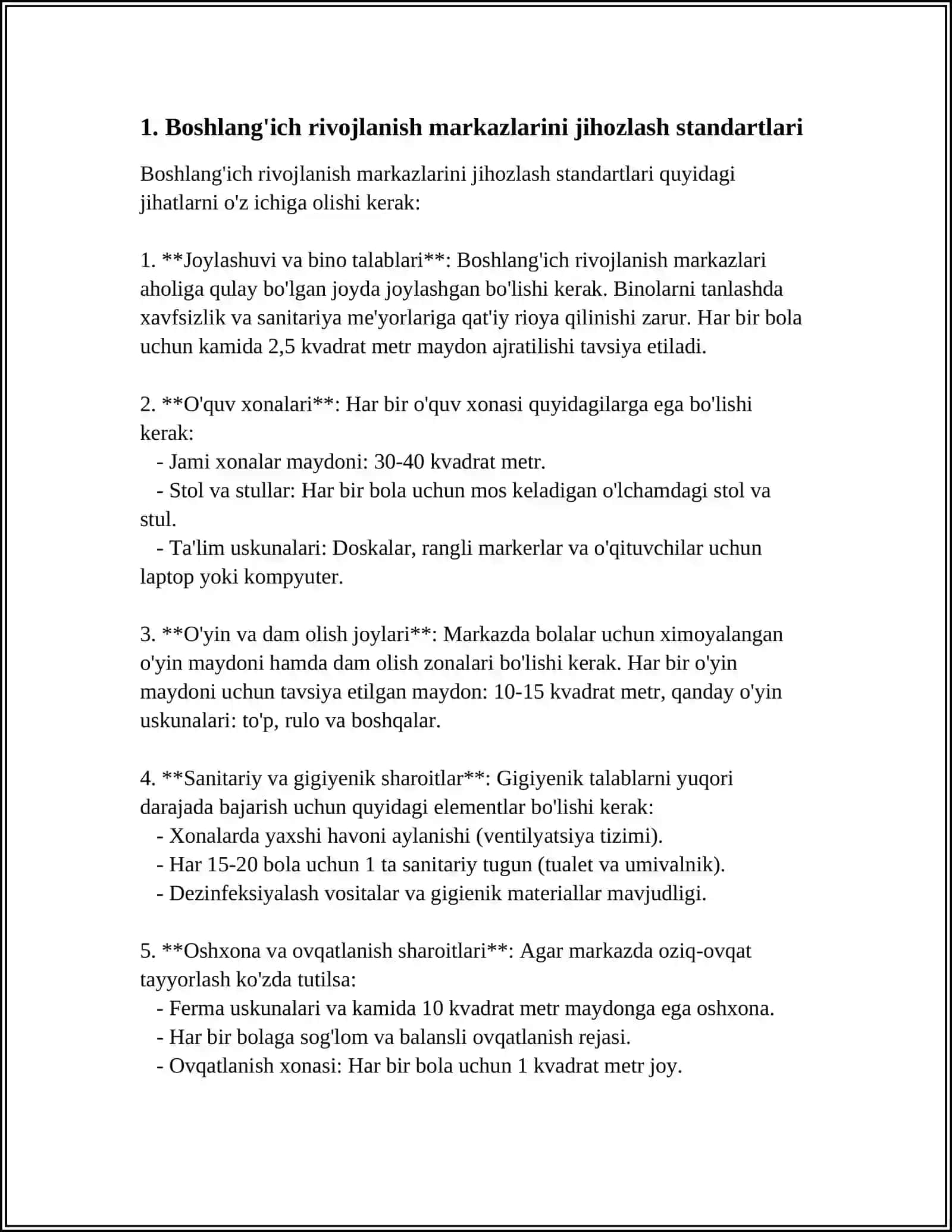 Boshlang'ich rivojlanish markazlarini jihozlash standartlari 3