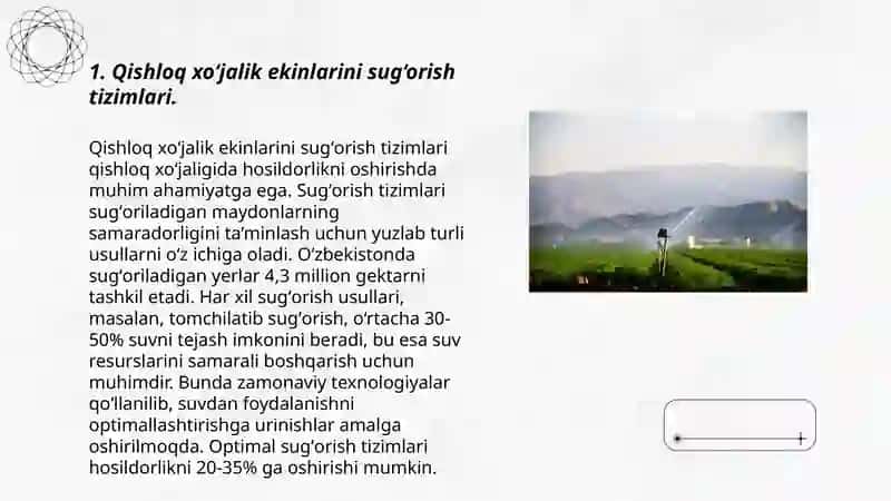 Qishloq xo‘jalik ekinlarining suvg‘orish tartibi va keltirilgan gidromudul hisobi. 3