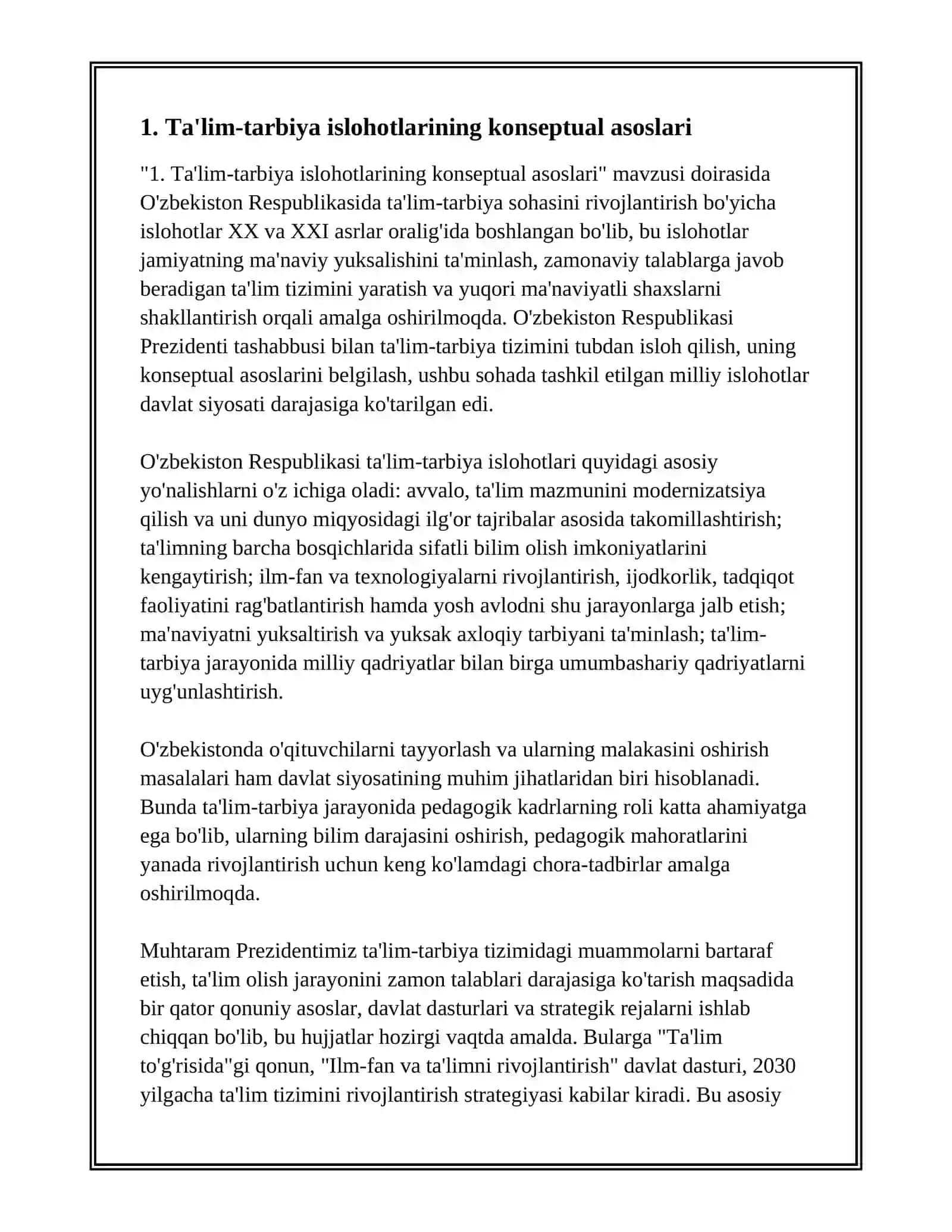 O'ZBEKISTON RESPUBLIKASI RIVOJINING YANGI BOSQICHIDA TA'LIM-TARBIYA ISLOHOTLARI. YUKSAK MA'NAVIYATLI SHAXSNI SHAKLLANTIRISH HAQIDAGI KONSEPTUAL GʻOYALAR 3