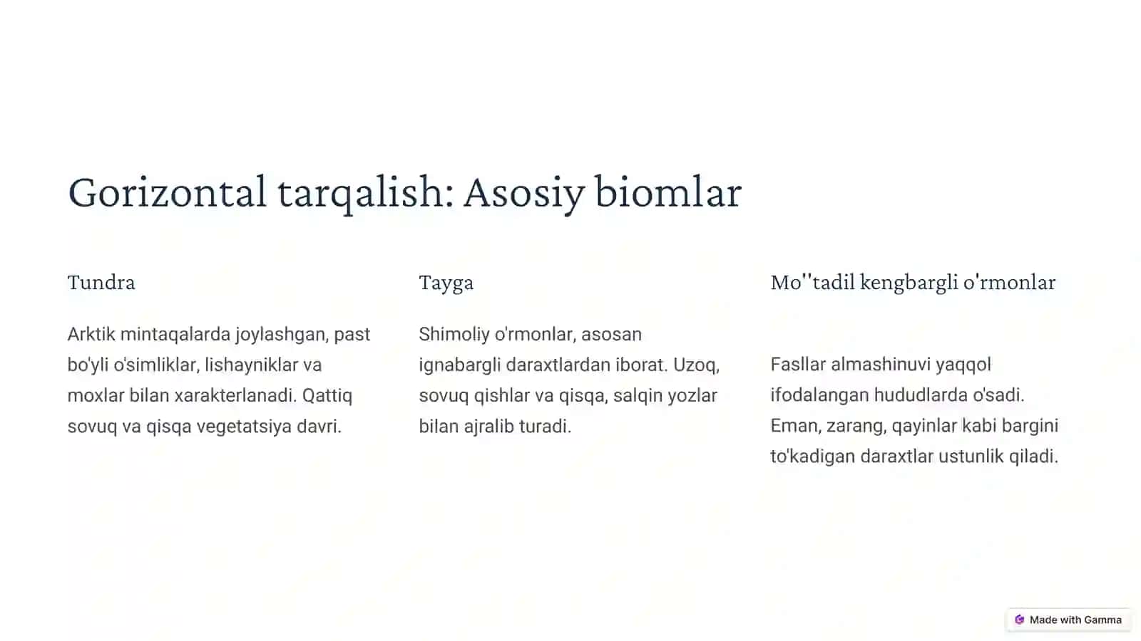O'simliklar jamoasining geografik tarqalishi: Gorizontal va vertikal poyansnost areali 3