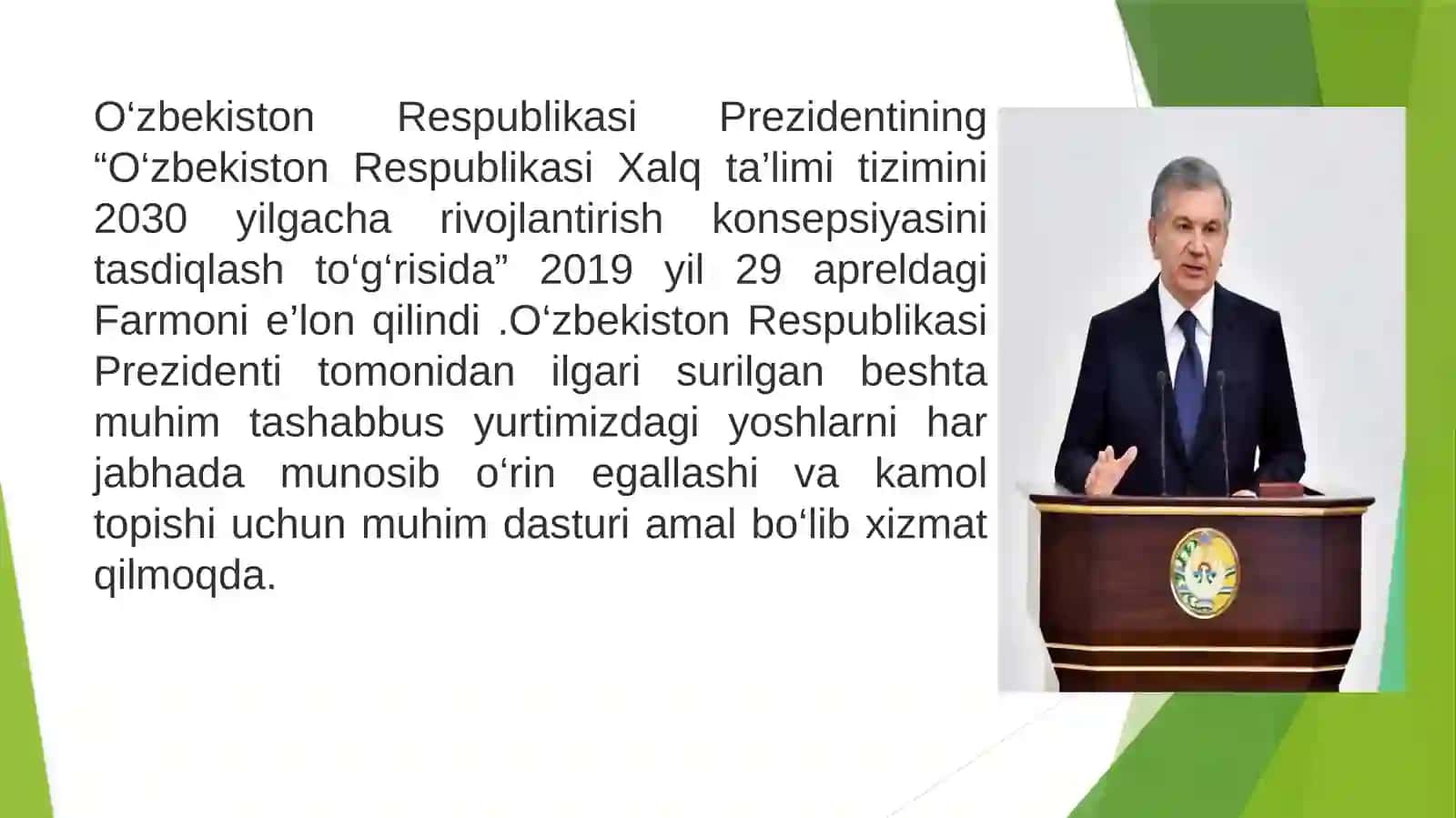 Oʻzbekiston prezidenti tomonidan ilgari surilgan beshta muhim tashabbus va uning amalga tatbiq etilishi 3