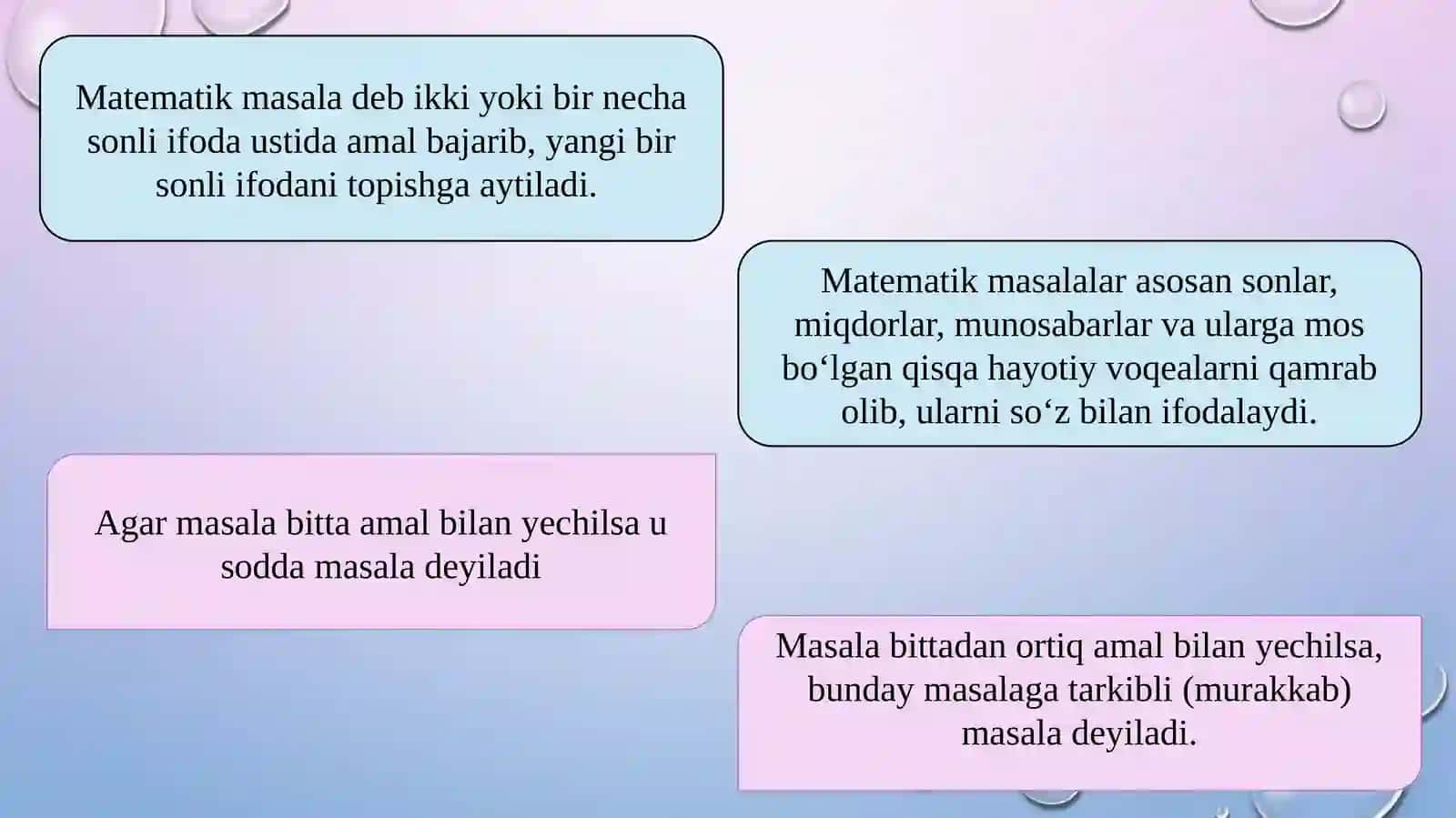 BOSHLANG’ICH SINF MATEMATIKA KURSIDA UCHRAYDIGAN TIPIK MASALALARNING TASNIFI. O’RTA ARIFMETIK SONNI TOPISHGA DOIR MASALALAR. IKKI SONNING YIG’INDISI (YOKI AYIRMASI)GA KO’RA SHU SONLARNI TOPISHGA DOIR MASALALAR 3