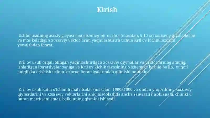 Matritsaning xos son va xos qiymatlarini taqribiy hisoblashni Krilov usuli 3