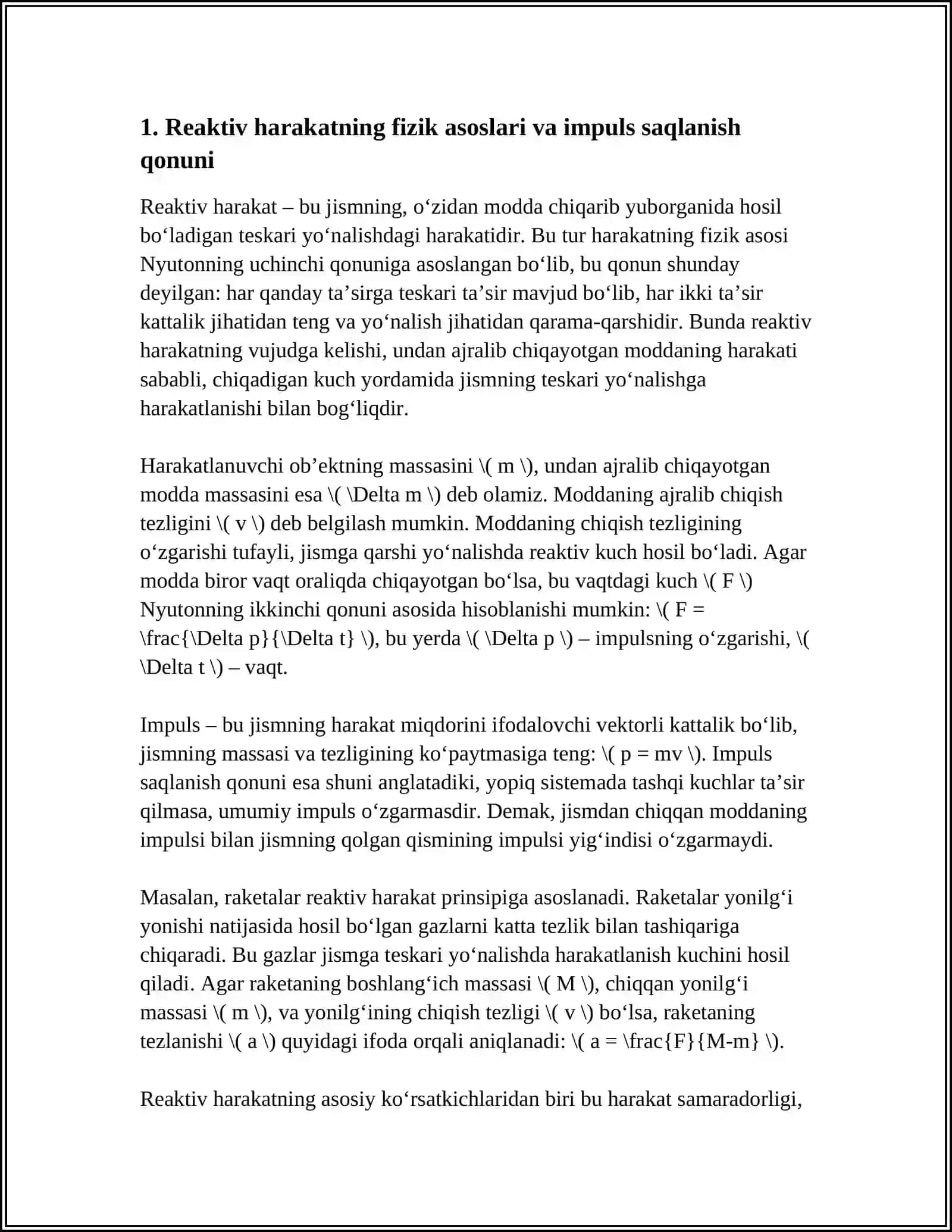 REAKTIV HARAKAT. MARKAZIY MAYDONDAGI HARAKAT. KEPLER QONUNLARI. SHARLARNING TO'QNASHUVI 3