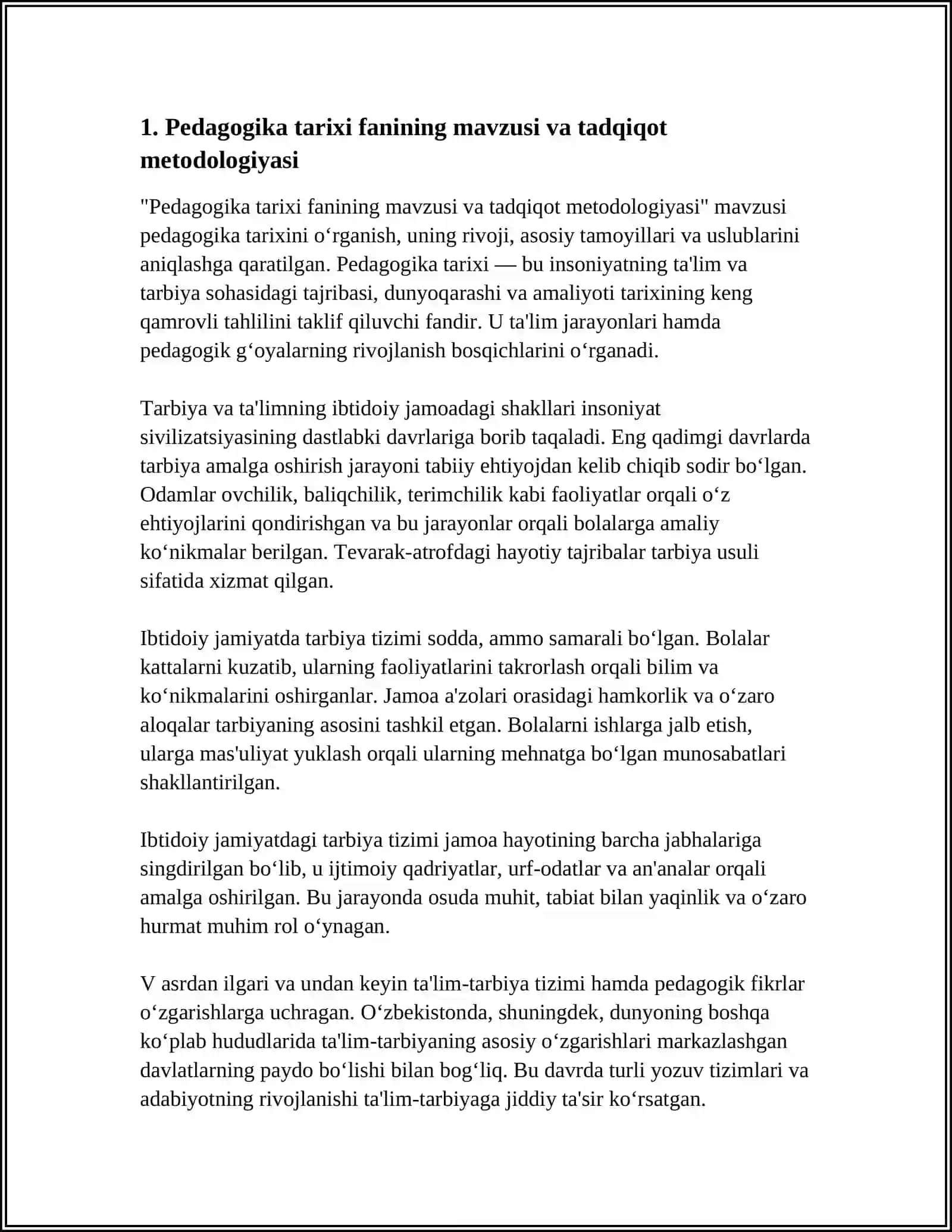 PEDAGOGIKA TARIXI FAN SIFATIDA.IBTIDOIY JAMOADA TARBIYA.ENG QADIMGI DAVRLARDAN VLL ASRGACHA TAʼLIM-TARBIYA VA PEDAGOGIK FIKRLAR 3