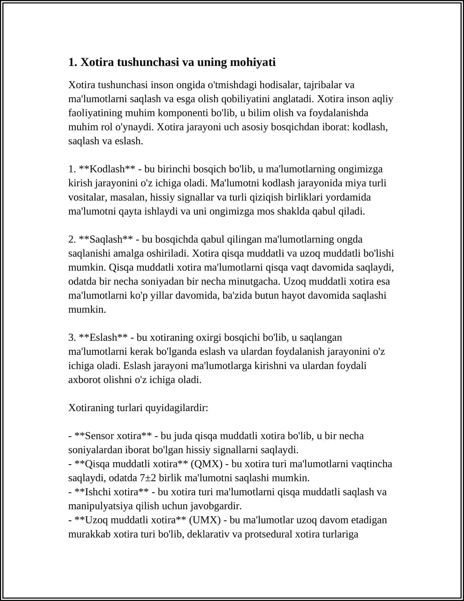 XOTIRA HAQIDA TUSHUNCHA.XOTIRA TURLARI.XOTIRA HAQIDA UMUMIY MAʼLUMOT 3