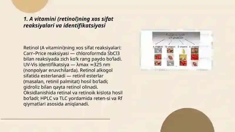 A vitamini (retinol)ning xos sifat reaksiyalari va identifikatsiyasi 3