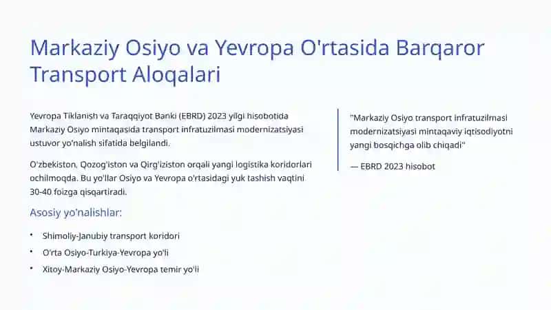 Transport va Infratuzilma Rivoji: O'zbekistondan Dunyo Bo'ylab 3