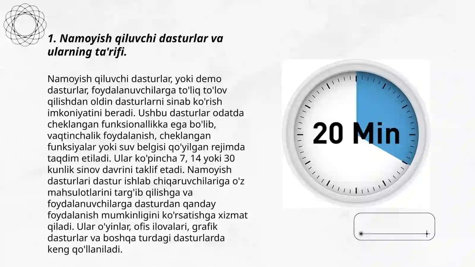 Namoyish qiluvchi dasturlarda pedagogik dasturiy vositalar bo'yicha test savollari tuzish 3
