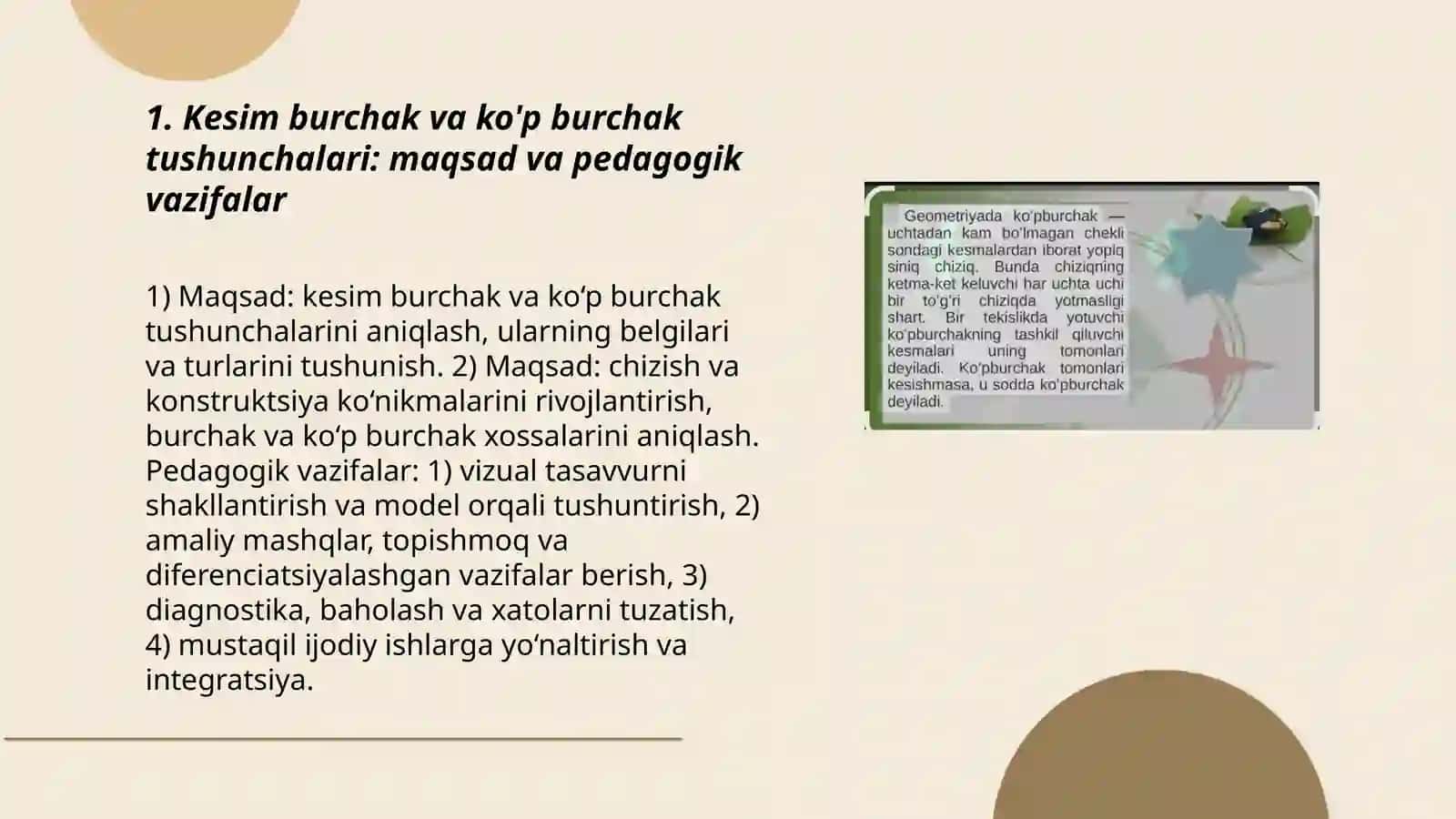 Kesim burchak va kup burchak tushunchasi haqida tassavurini shakllantirish va ularni chizish ayrim hossalari bilan tanshtirish metodikasi 3