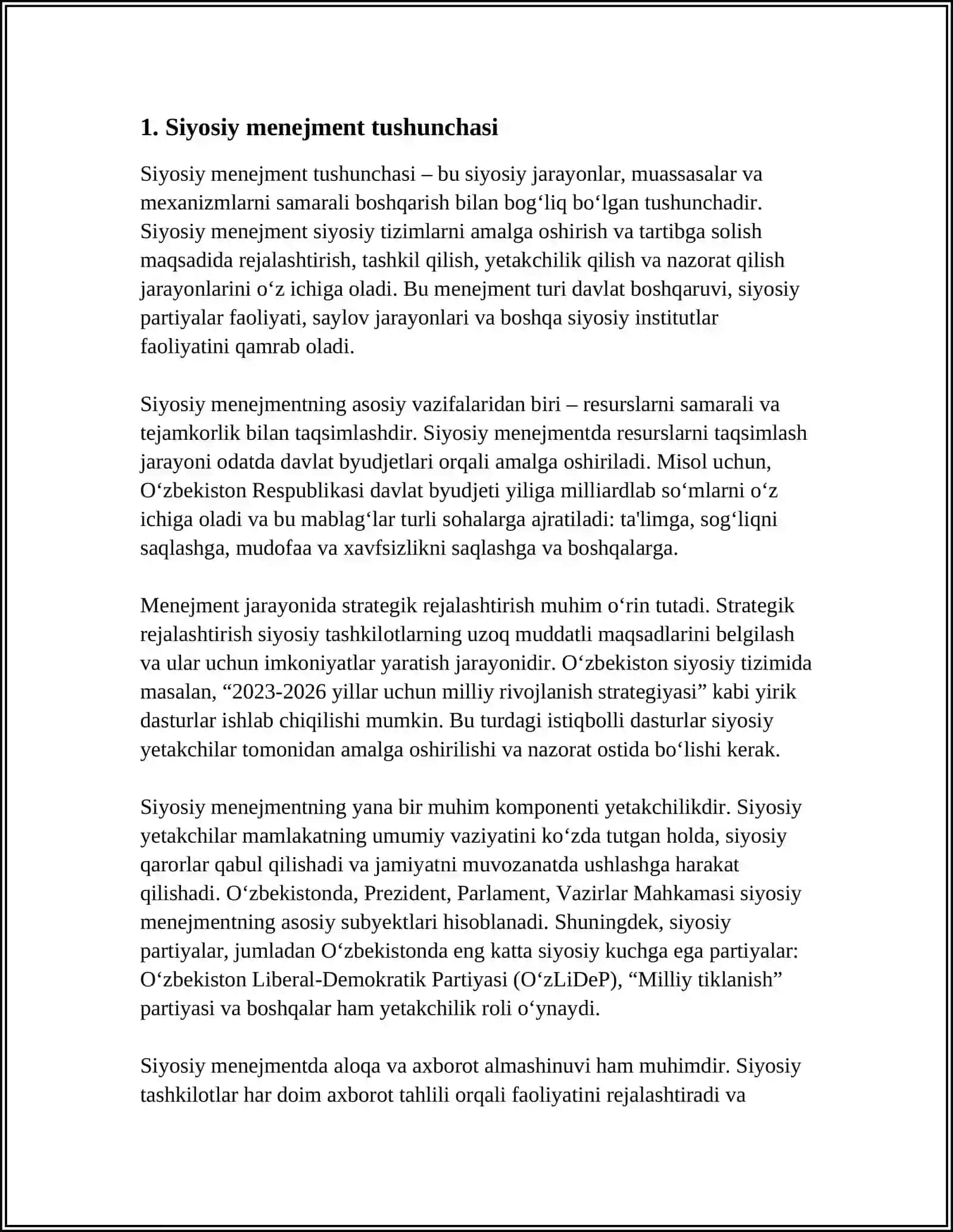 REFERAT Mavzu: SIYOSIY MENEJMENTNINGKOʻRINISHLARI 3