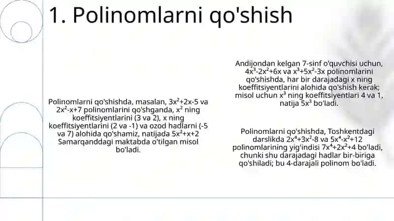 7-sinf algebra: Ko'phadlarni qo'shish va ayirish 3