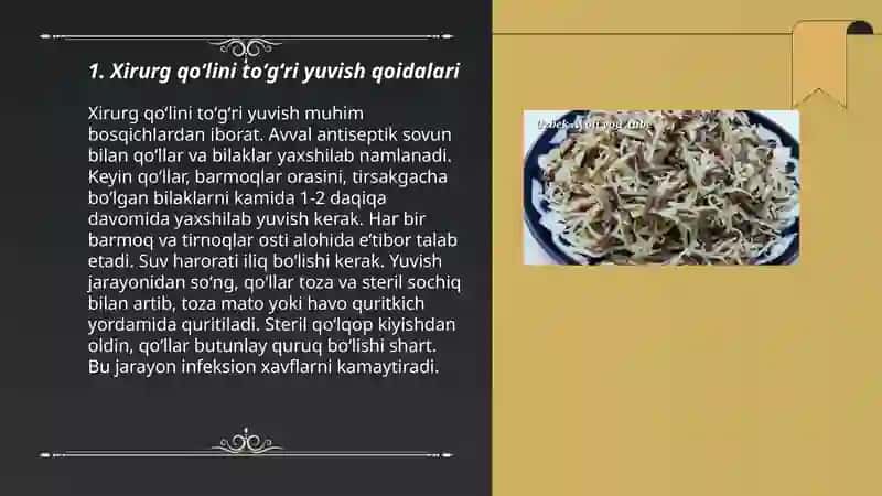 Xirurg qoʻlini operatsiyaga tayyorlash ishlov berish va operatsiya maydonini tayyorlash usullari 3
