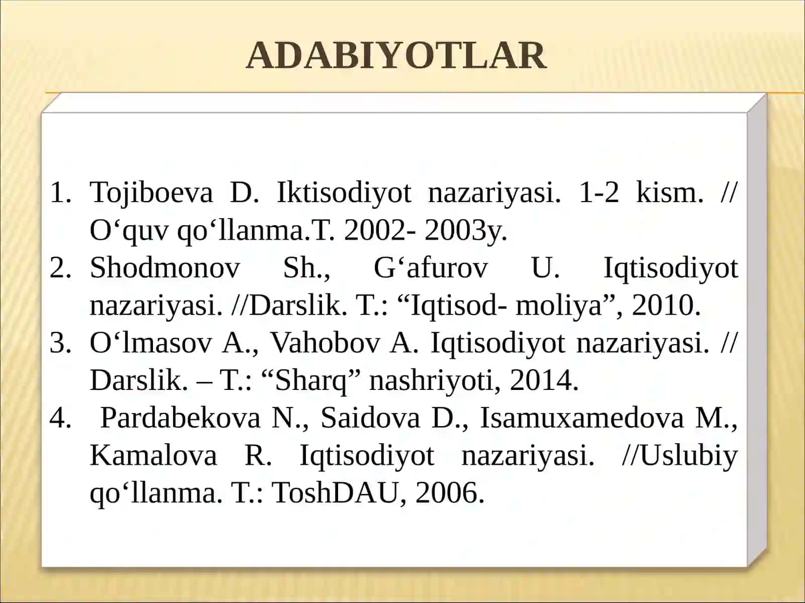MULKChILIK MUNOSABATLARI. TOVAR IShLABChIQARISh VA PUL 3