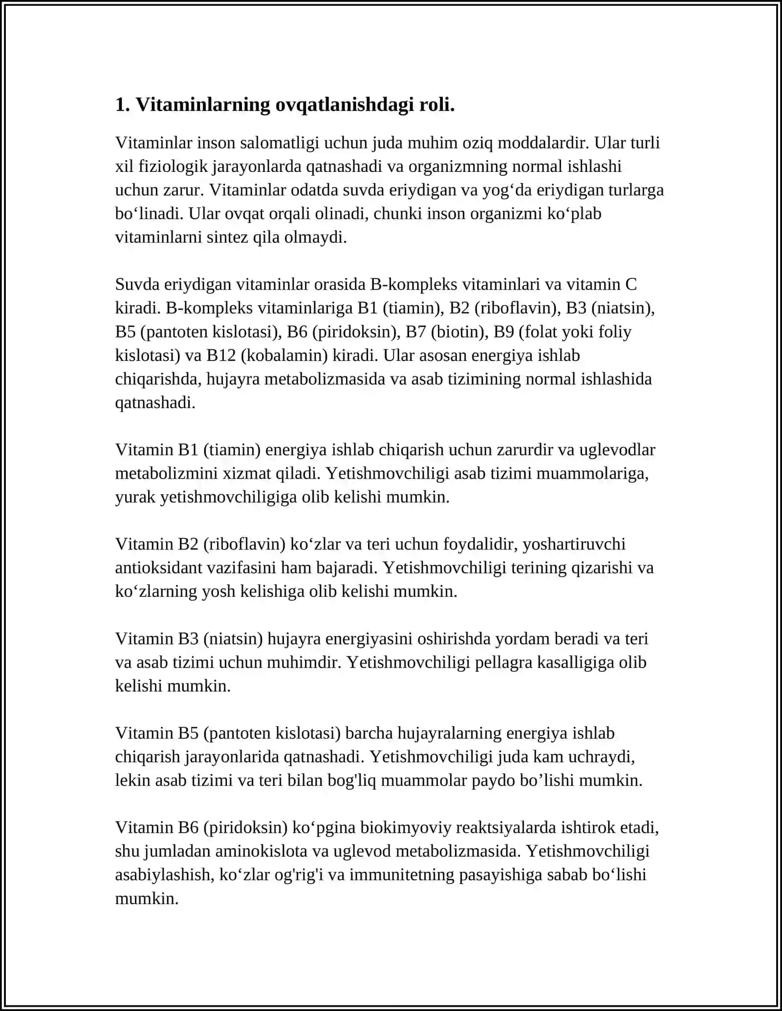 VITAMINLARNING OVQATLANISHDAGI ROLI VA VITAMINLAR ALMASHINUVI KORREKSIYASI.VITAMINLAR TASNIFI.ORGANIZMNING VITAMINLAR BILAN NOADEKVAT TA’MINLANISHI SABABLARI.SUVDA VA YOG’DA ERUVCHI VITAMINLAR.OVQATLANISHDA MIKRO VA MAKROELEMENTLAR ROLI 3