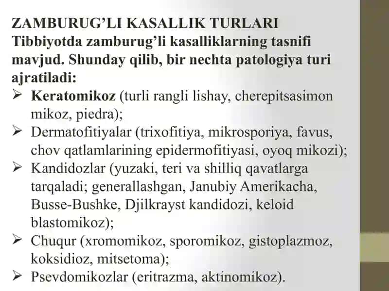 Zamburug’li infeksiyalar va ularning og’iz bo’shlig’ida namoyon bo’lishi. 3