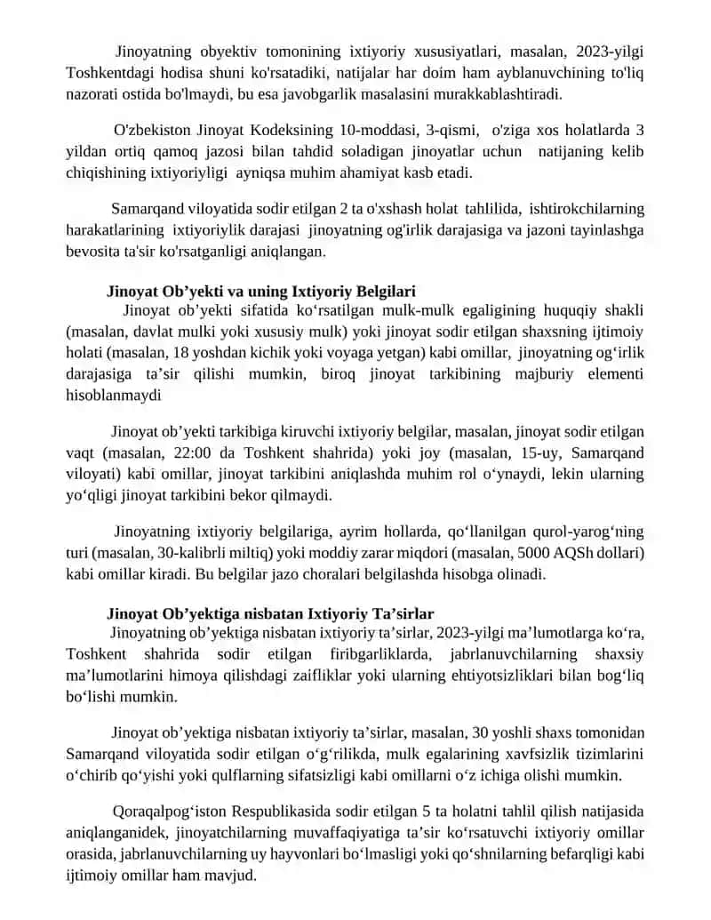Jinoyatning Ob’yektiv Tomonining Ixtiyoriy Belgilari va Jazo Tayinlash 3
