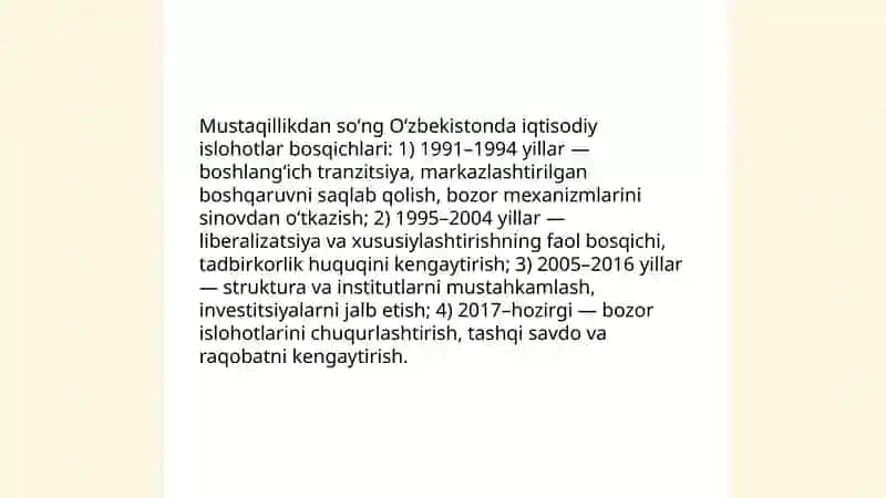 Iqtisodiy islohotlar, xususiy mulkchilikning shakllanishi. Oʻzbekistonda bozor munosabatlarining rivojlanishi 3