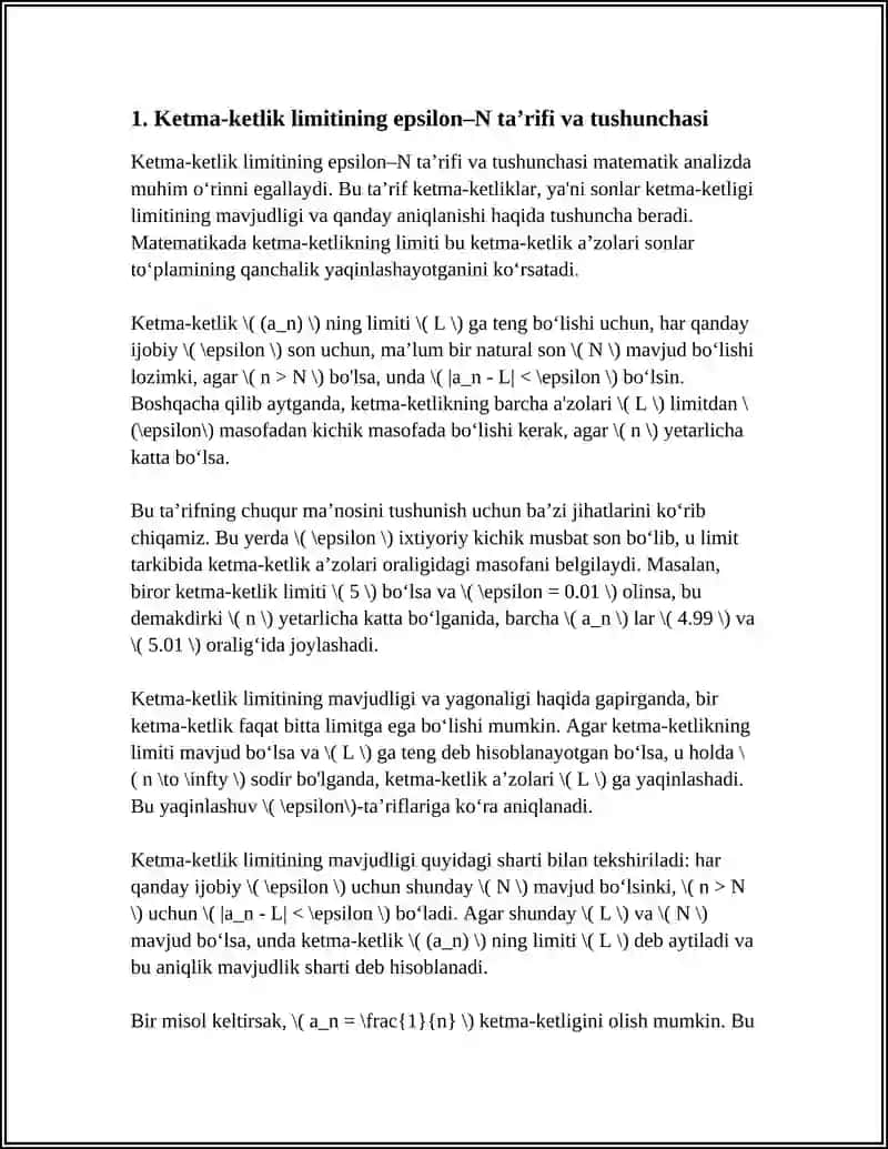 Ketma-ketliklar limitining mavjudligi va yagonaligi 3