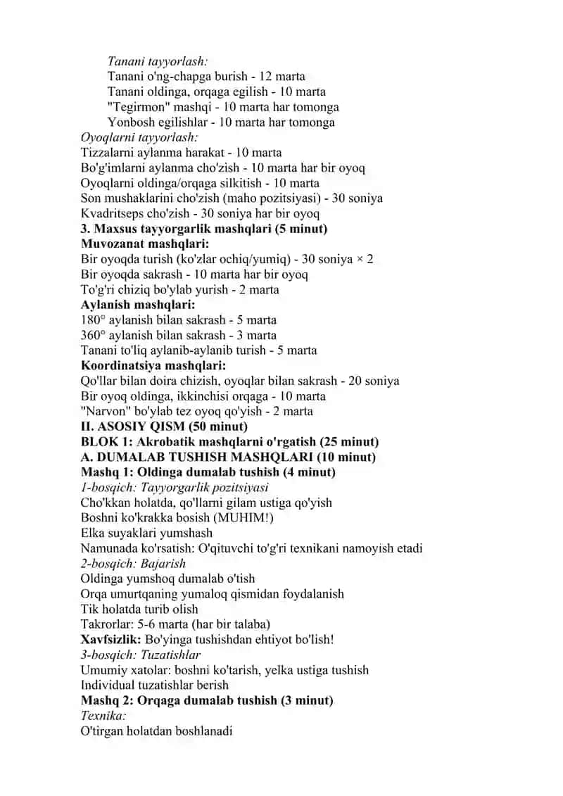 Akrobatik mashqlarni bajarishga o‘rgatish va individual texnik harakatlarni takomillashtirish. 3