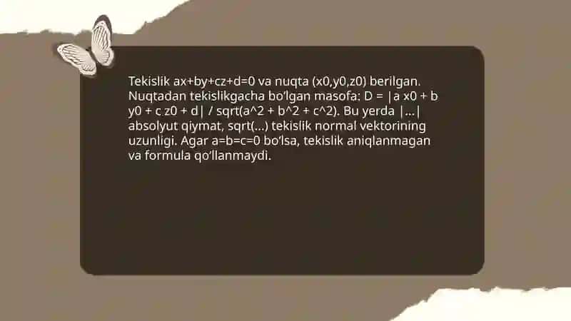 Nuqtadan tekislikkacha bo‘lgan masofaning haqiqiy ôlchamini aniqlash 3