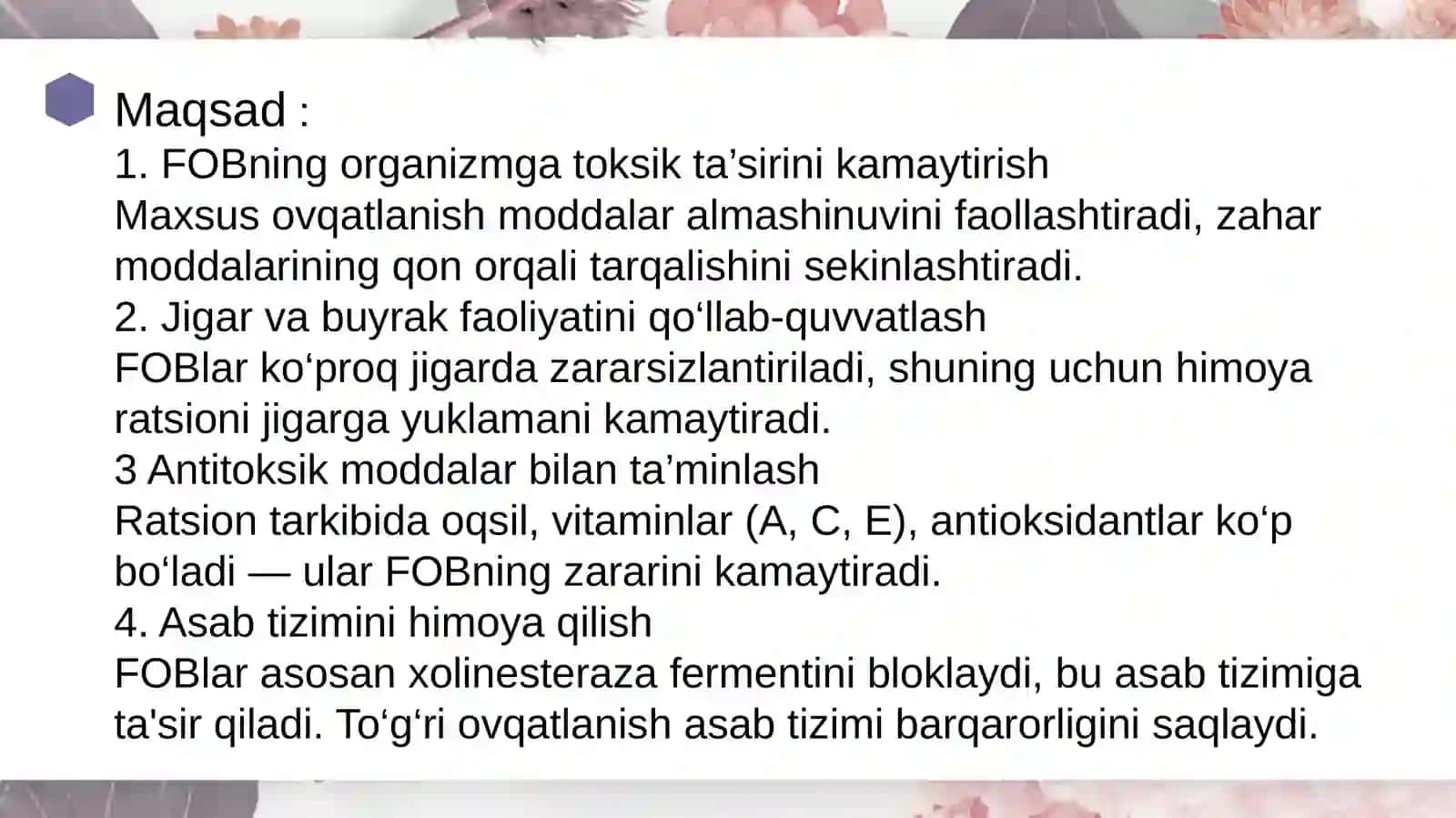 Fosfororganik birikmalar bilan ishlovchilar uchun profilaktik ratsion tuzish 3