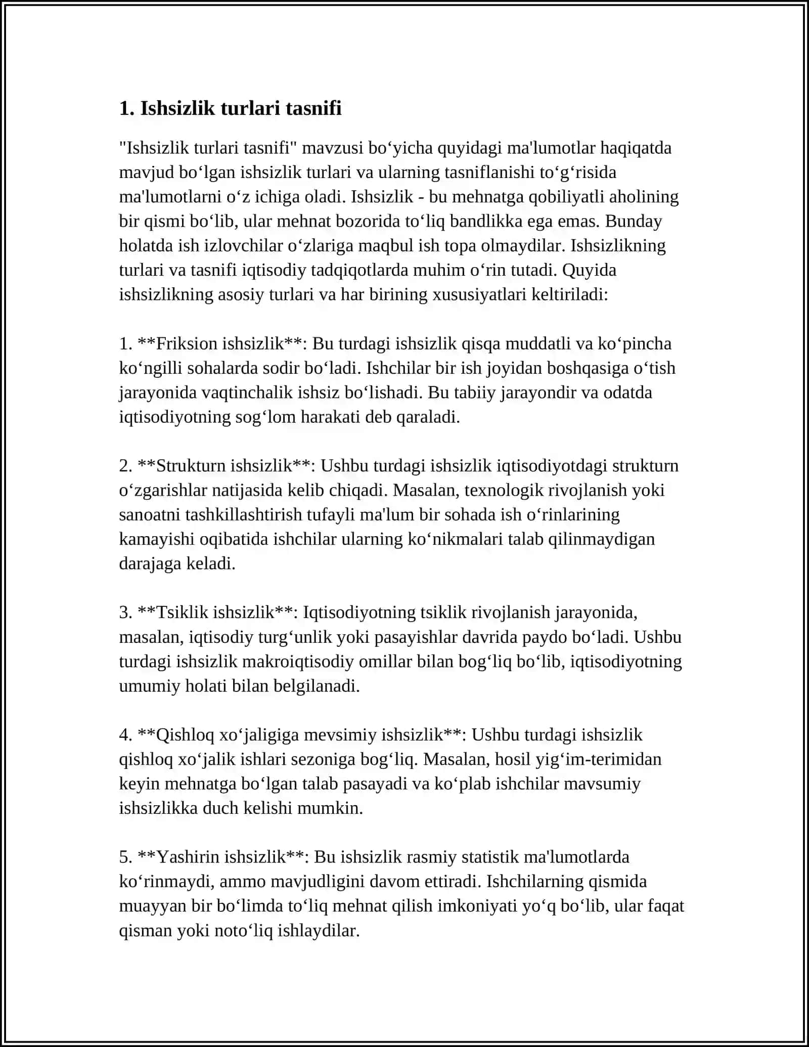 ISHSIZLIK TURLARI VA O'ZBEKISTONDA BANDLIK MUAMOLARI 3