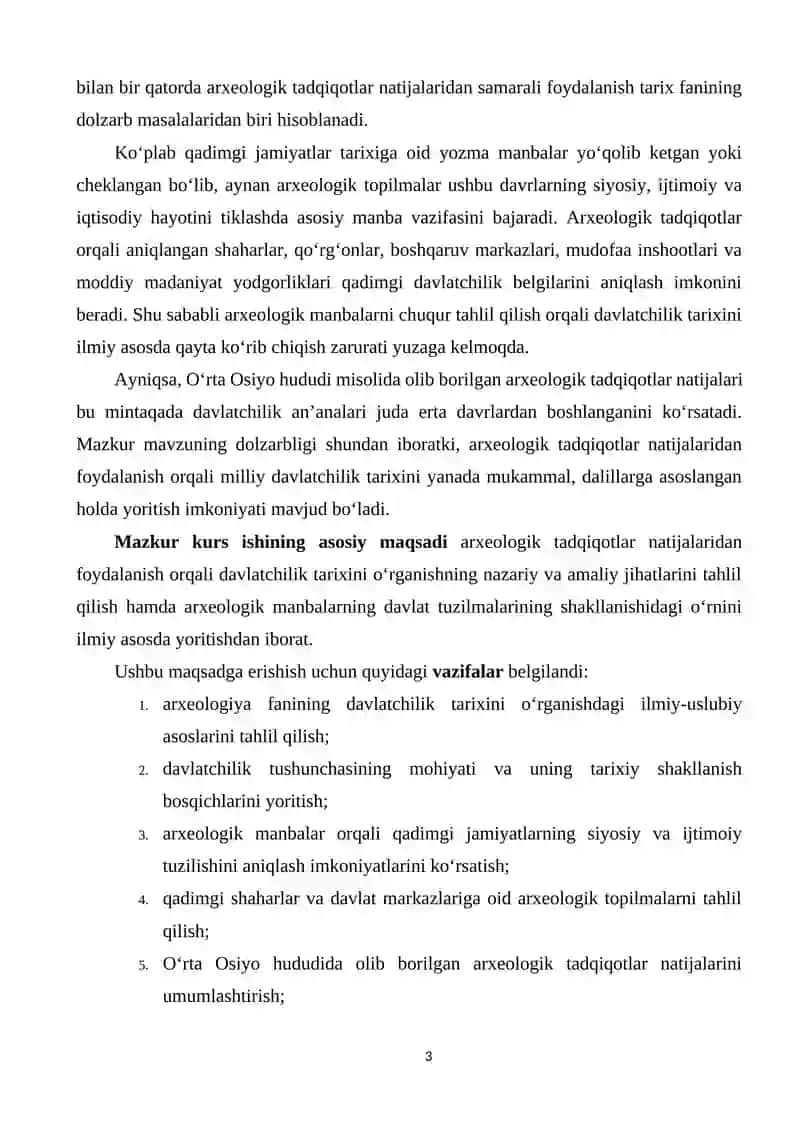 ARXEOLOGIK TADQIQOTLAR NATIJALARIDAN DAVLATCHILIK TARIXINI O'RGANISHDA FOYDALANISH 3