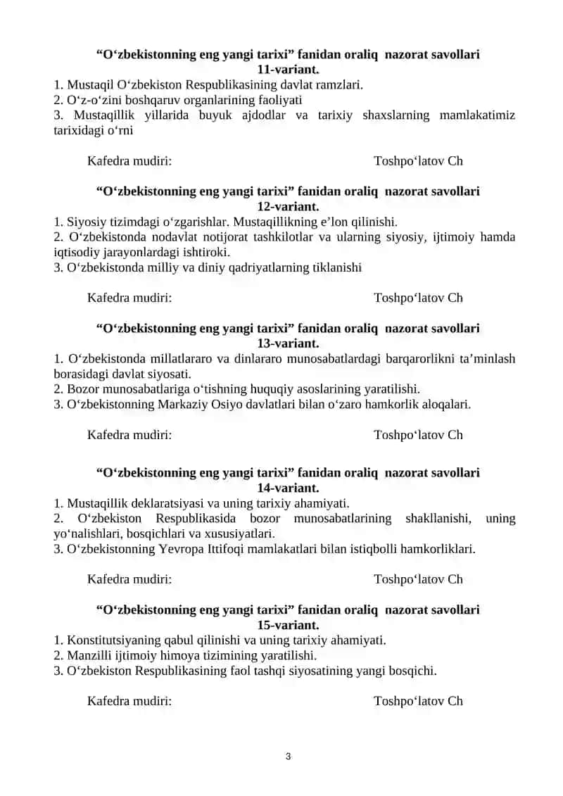 O‘zbekistonning eng yangi tarixi fanidan oraliq nazorat savollari 1-variant 3