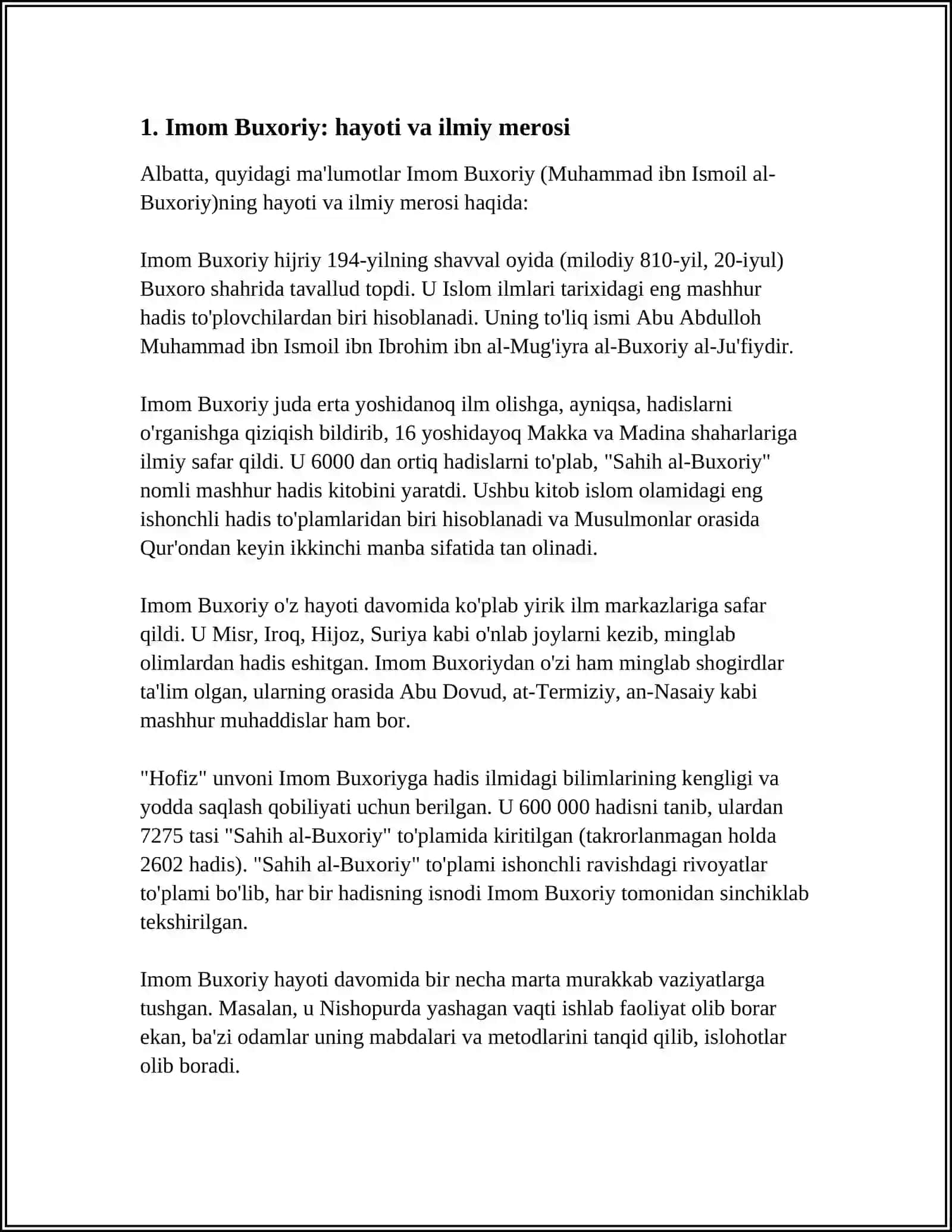 IMOM BUXORIY VA IMOM TERMIZIY HADIS ILMIGA QOʻSHGAN HISSALARI 3