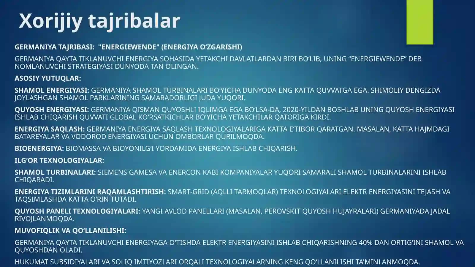 Yoqilg'i-energetika tizimi daxoriy tajribalarni o'rganish 3