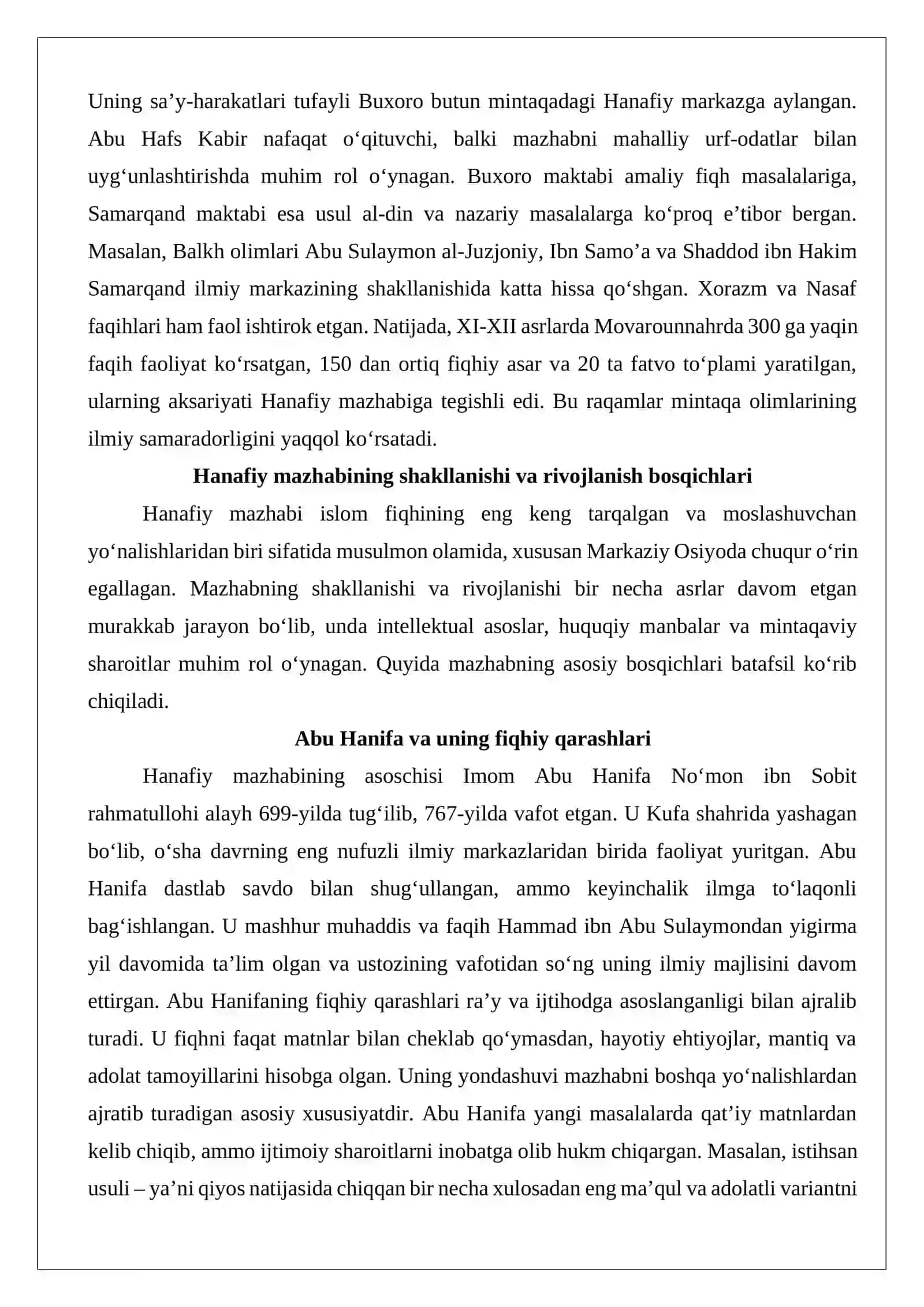 Hanafiy mazhabi rivojida Markaziy Osiyo faqihlarining roli va hissasi 3