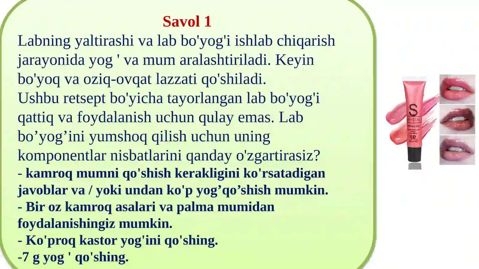 Lab bo'yog'i-lab yaltirashi 3