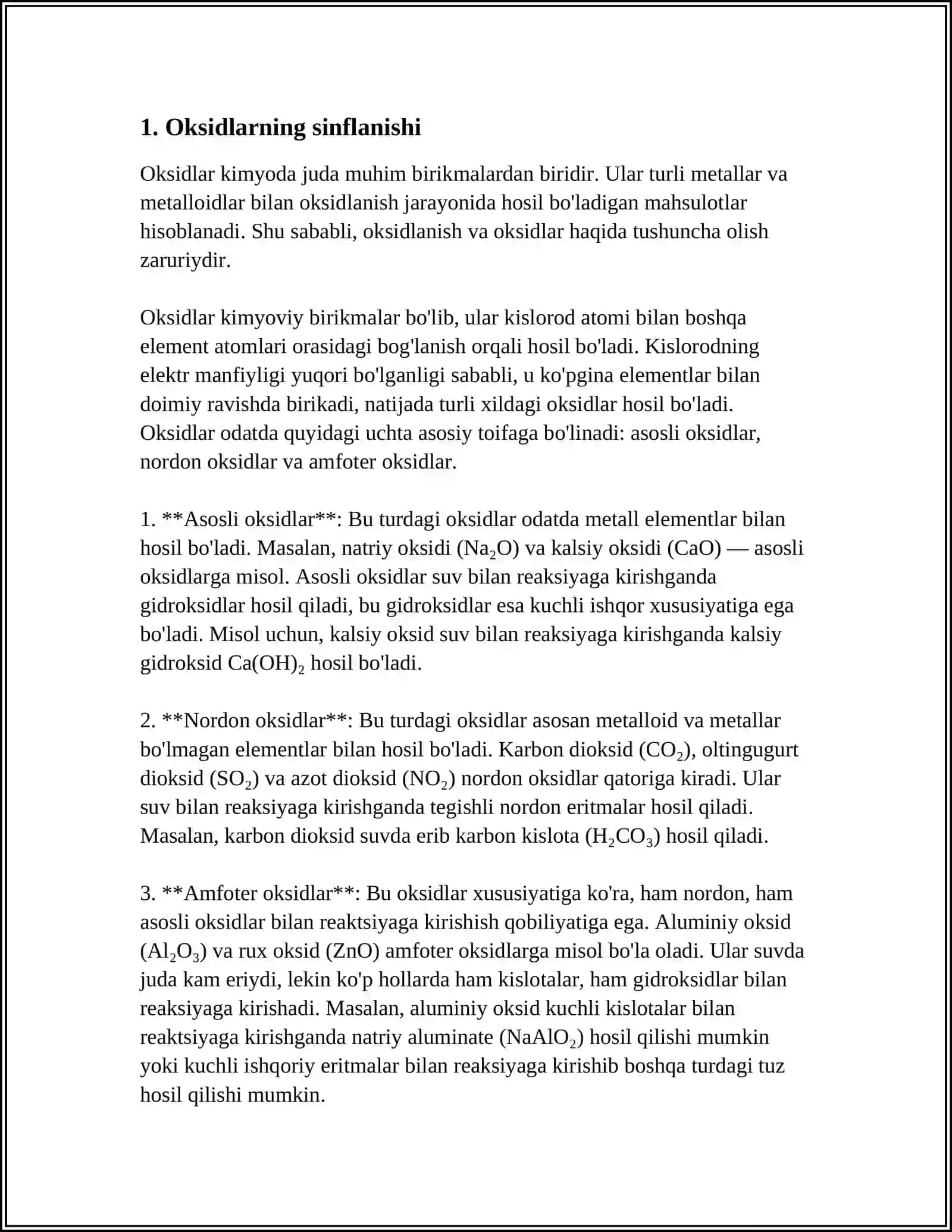 OKSIDLAR, ASOSLAR, KISLOTALAR OLINISHI, XOSSALARI, ISHLATILISHI.MODDA TUZILISHI 3