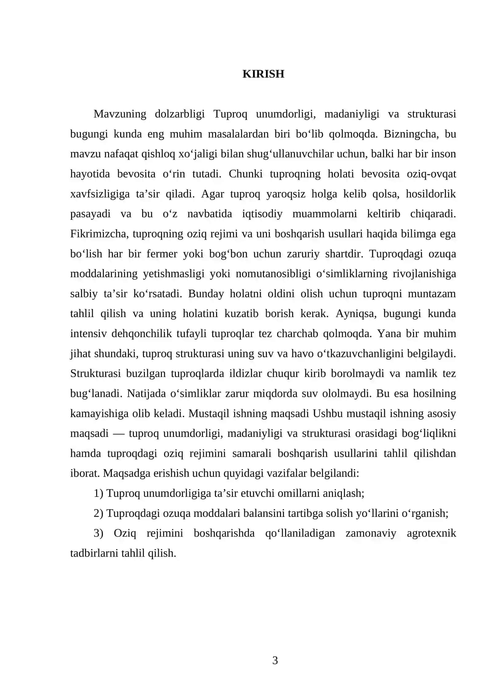 Tuproq unumdorligi, madaniyligi va struкturasi. Tuproqning oziq rejimi va uni boshqarish usullari 3