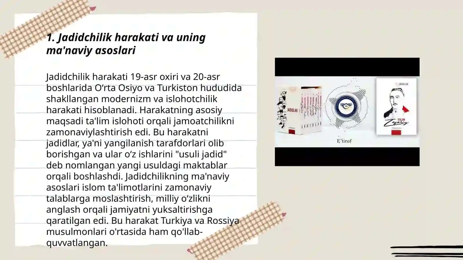 Jadid ma’rifatparvarlarining o‘lka ijtimoiy-ma’naviy hayotida tutgan o‘rni (Munavvar Qori, Fitrat, Behbudiy, Avloniy va boshq.) 3