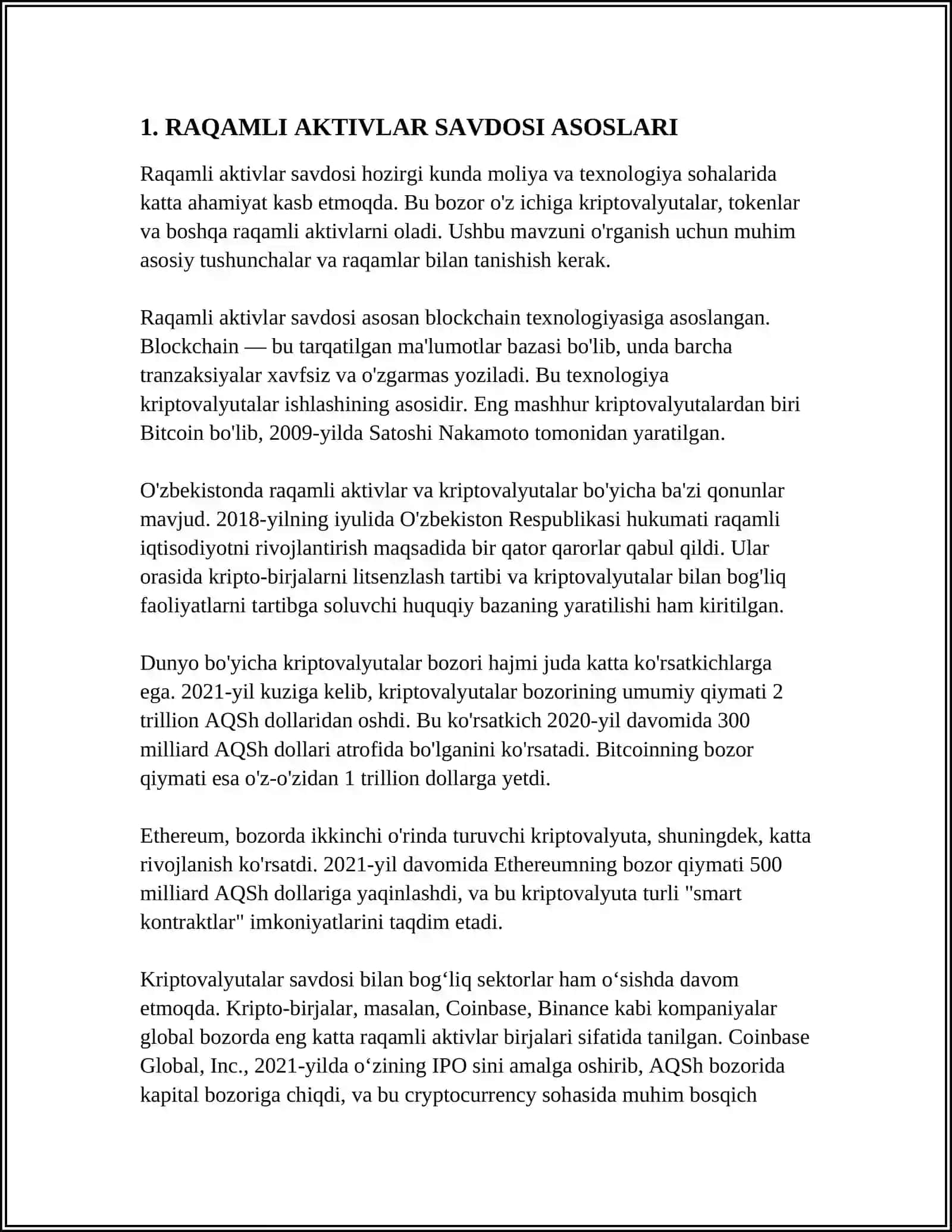 RAQAMLI AKTIVLAR SAVDOSIDA KURSLARNI PRAGNOZ QILISH USULLARI 3