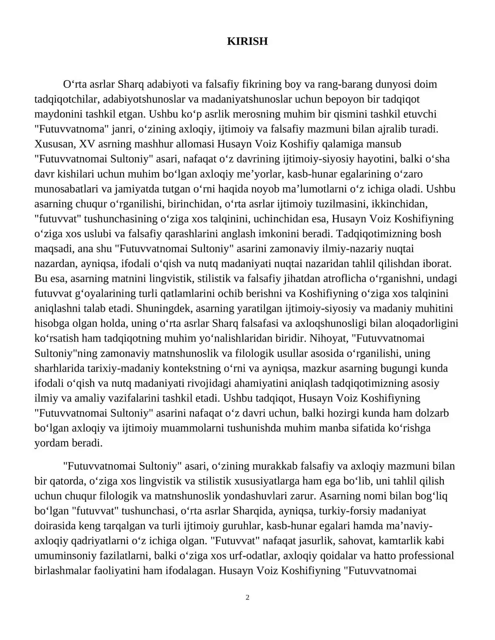 husayn voiz koshifiyning “ futuvvatnomai sultoniy” asarini o’qish va sharhlash 3