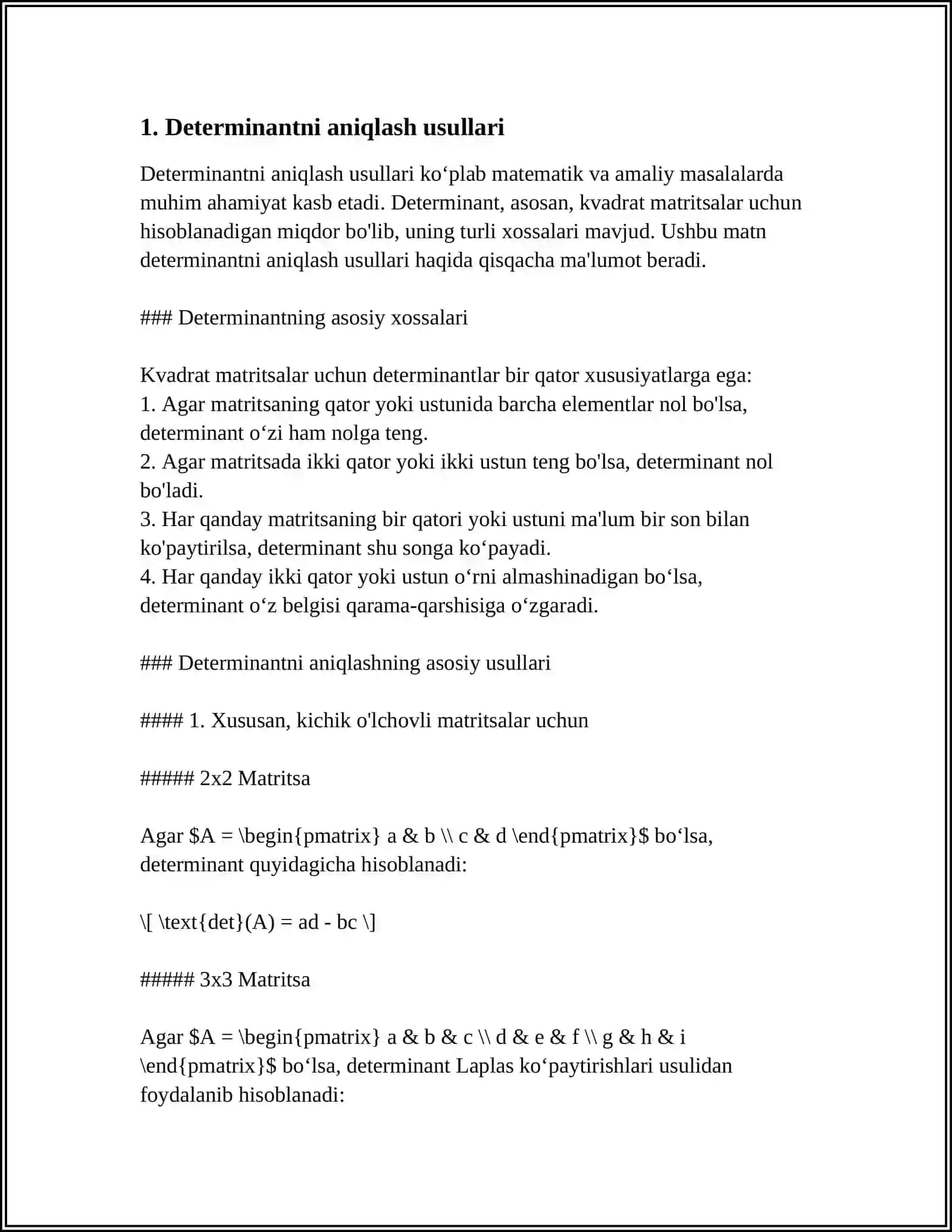 DETERMINANTLARNI VA TESKARI MATRITSANI HISOBLASHGA DOIR MISOLLAR YECHISH 3