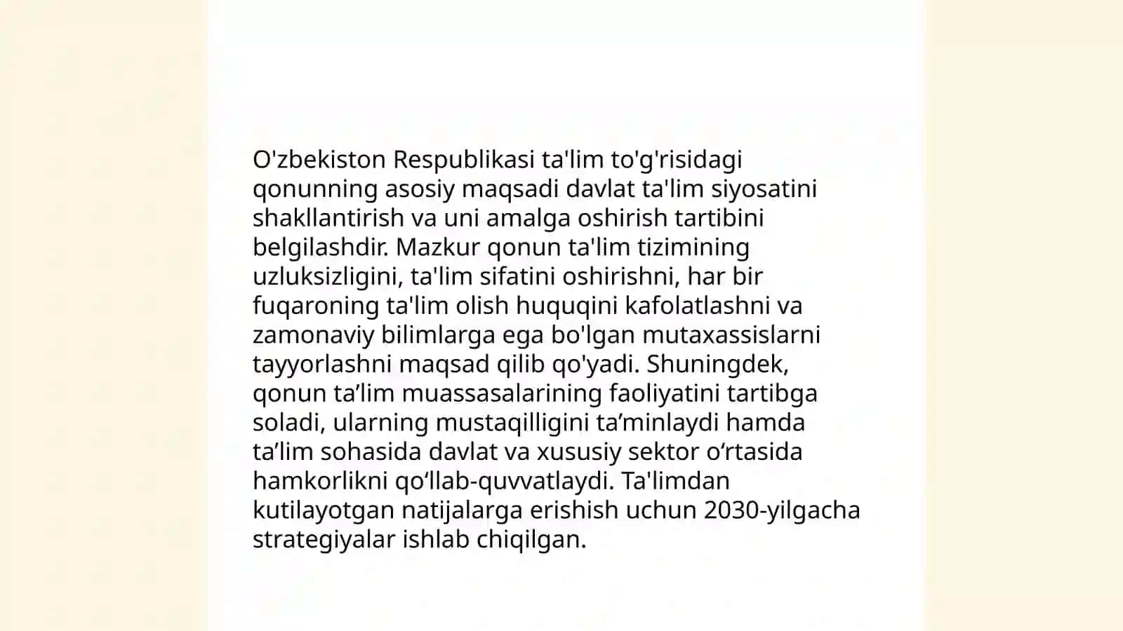 O'zbekiston Respublikasi ta'lim to'g'risidagi qonun mazmun mohiyati. Kasb ta'lim fanini pridmeti maqsadi va vazifalari 3