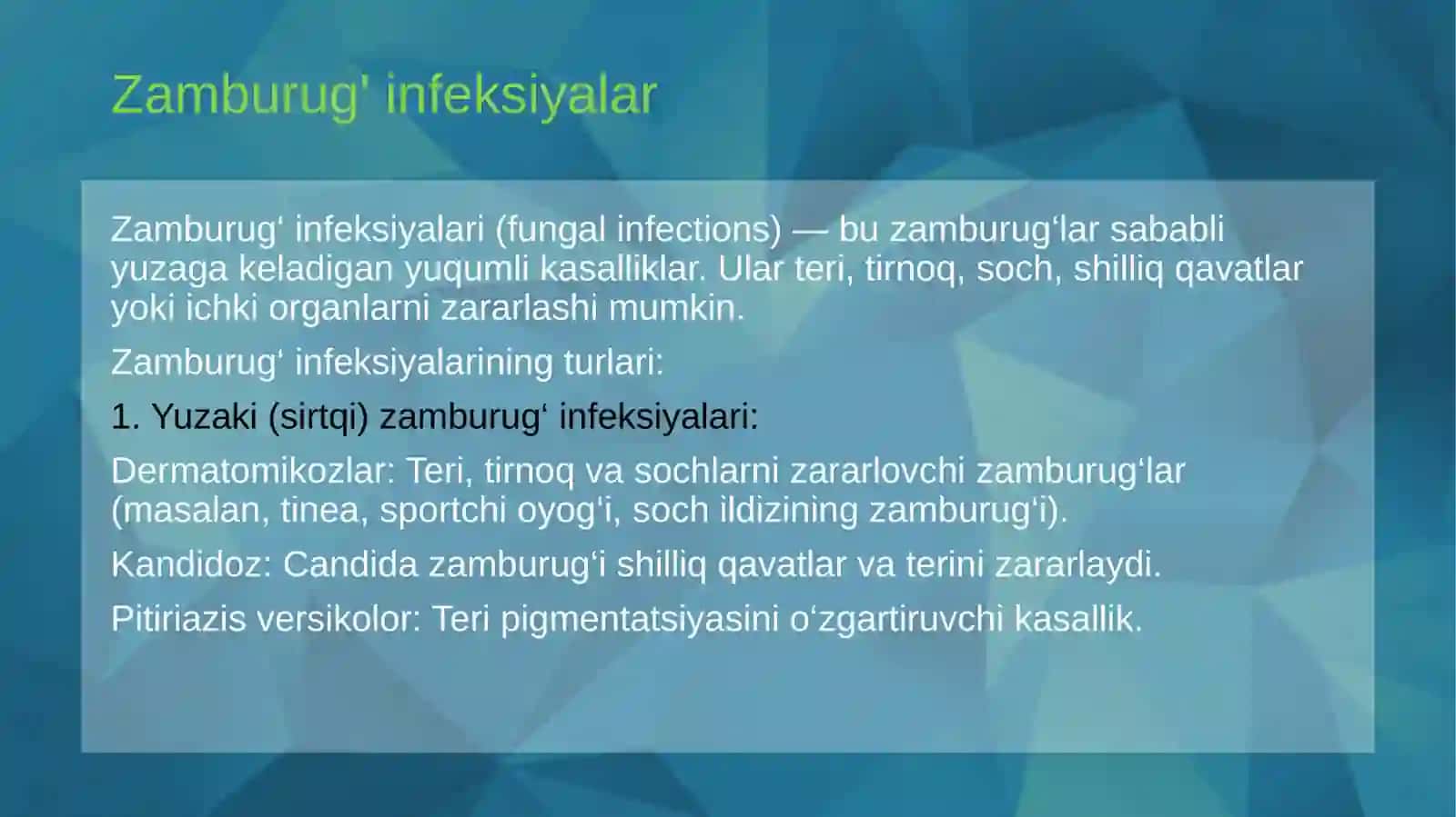 Zamburug' infeksiyalari.Parazitar infeksiyalar 3