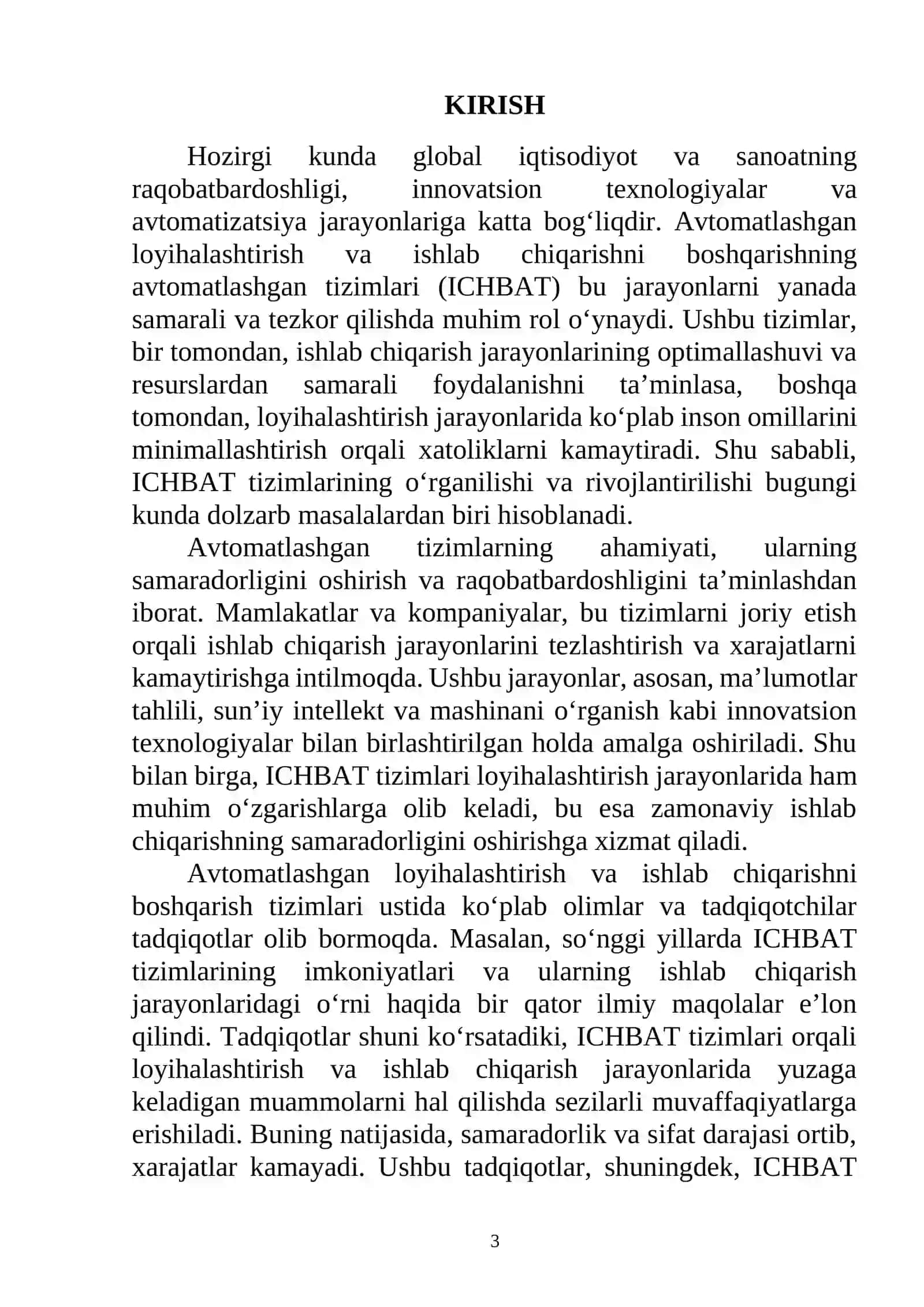 Avtomatlashgan loyihalashtirish va ishlab chiqarishni boshqarishning avtomatlashgan tizimi (ICHBAT) 3