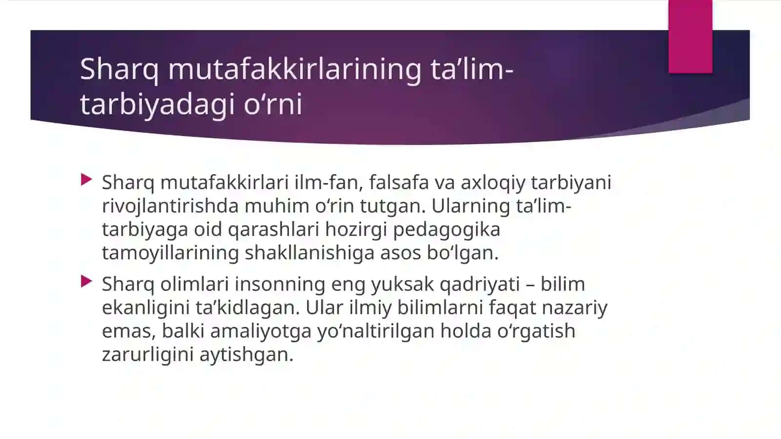 Sharq mutafakkirlarining pedagogik qarashlari va qoygan is toz-murabbiygatalablarini o'rganib taqdimot myyorlang 3
