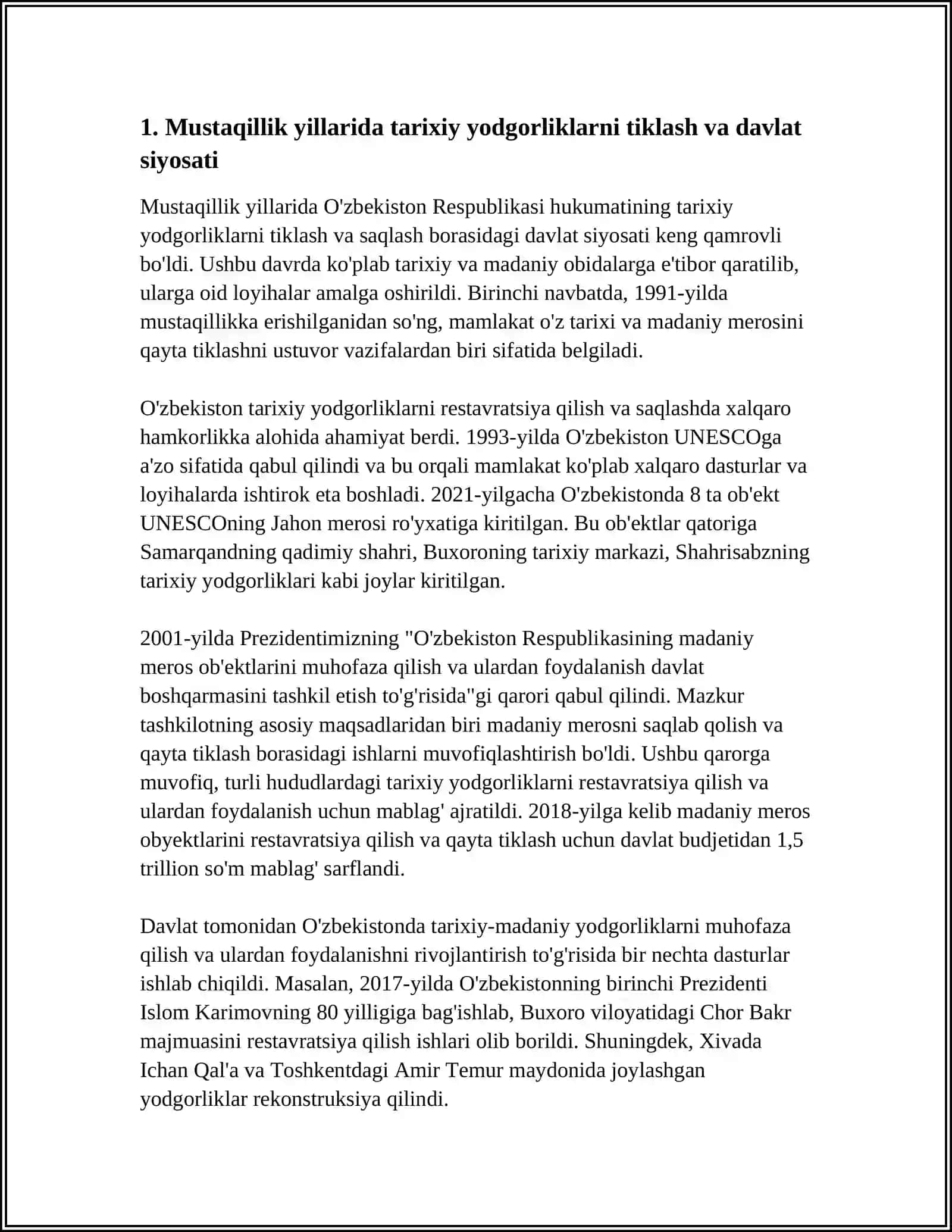 MUSTAQILLIK YILLARIDA AJDODLAR MEROSI VA MILLIY QADRIYATLARNI TIKLASH BORASIDAGI DAVLAT SIYOSATI 3