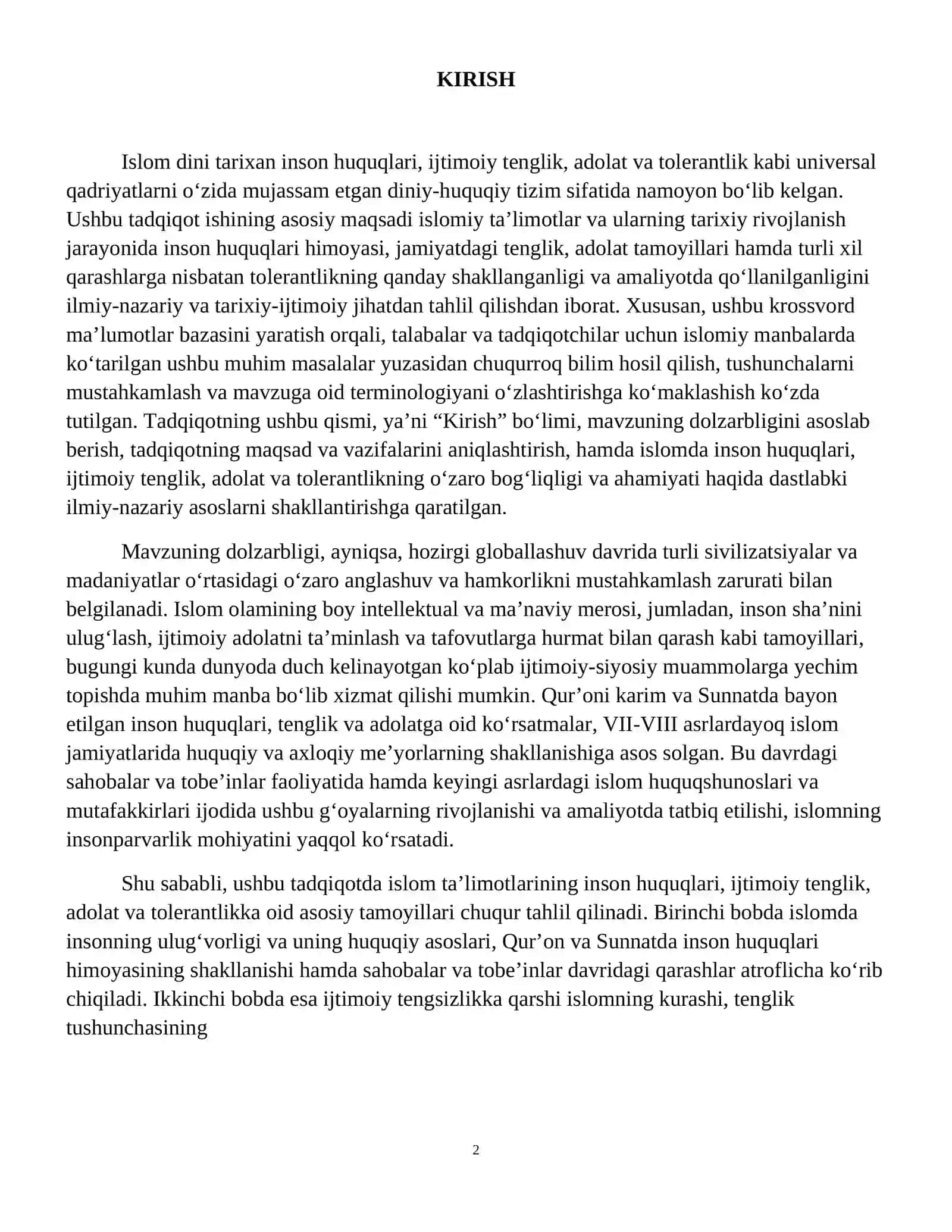 Islomda inson huquqlari himoyasi, ijtimoiy tenglik, adolat va tolerantlik  
mavzusida krossvord tayyorlash. 3