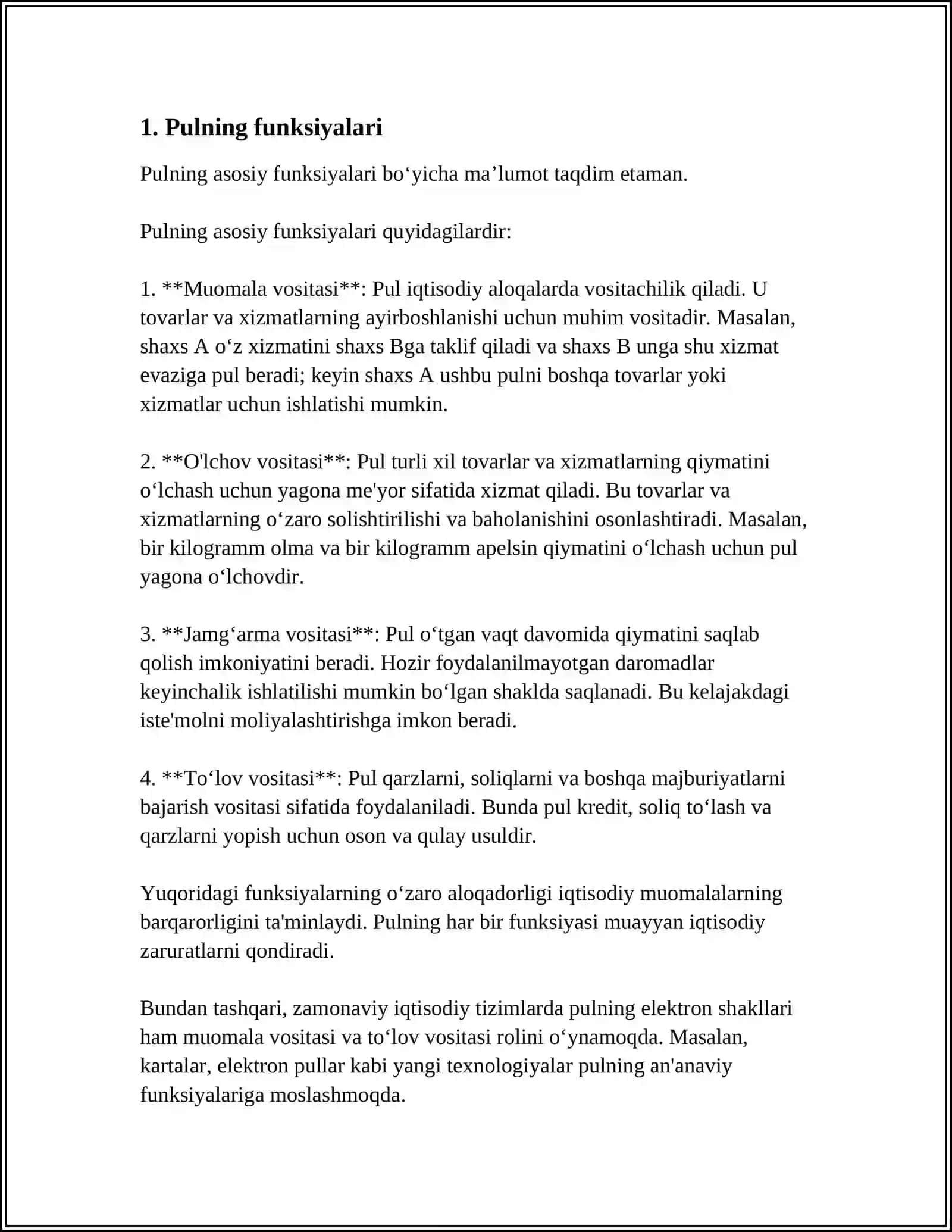 PULNING FUNKSIYALARI VA UNI IQTISODIYOTDAGI O'RNI. PULNING TURLARI (KREDIT PULLAR, DEPOZIT PULLAR) 3