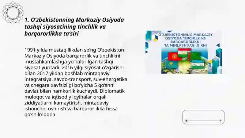 O‘zbekistonning Markaziy Osiyoda tinchlik va barqarorlikni ta’minlashdagi o‘rni 3