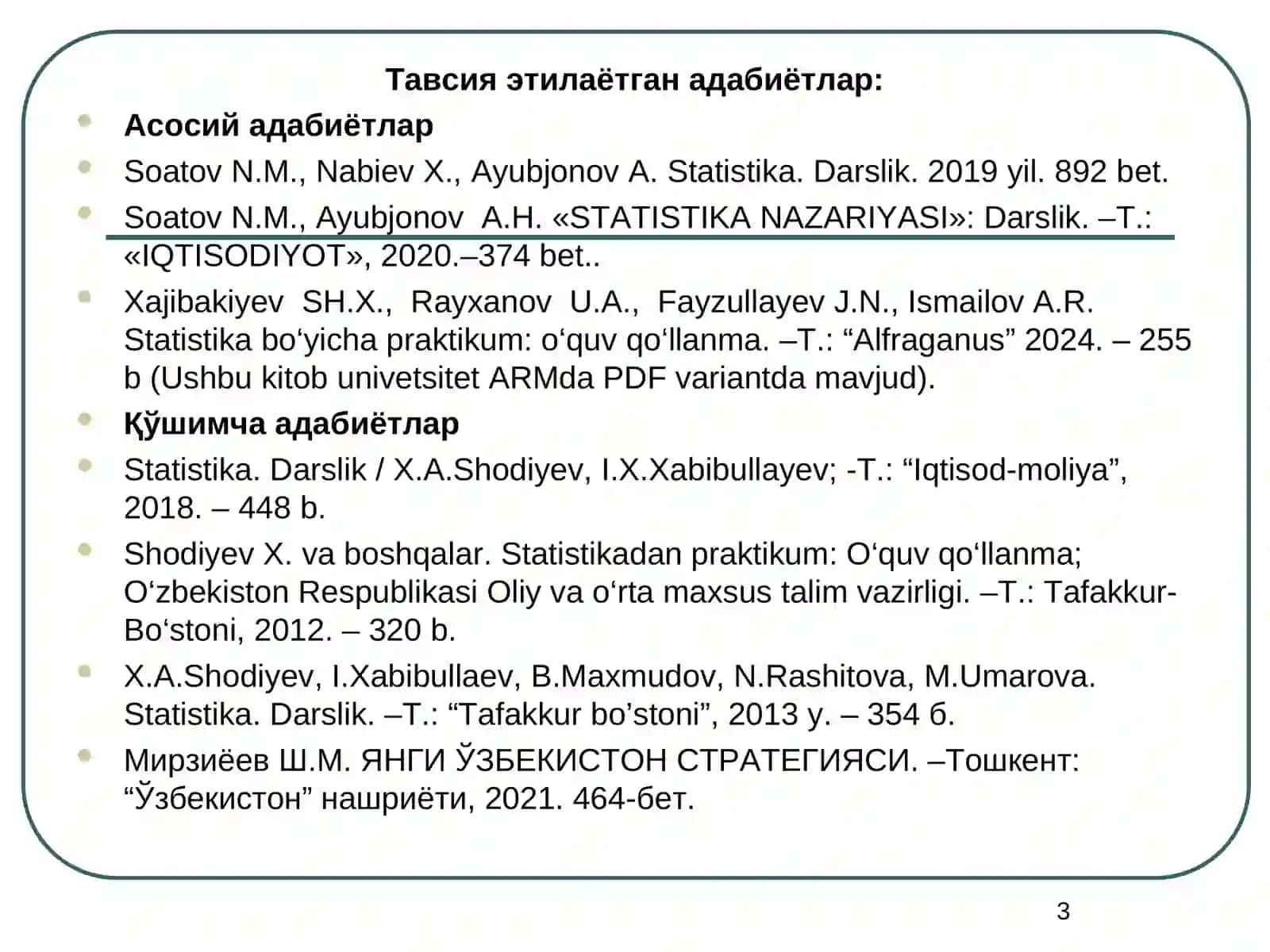 СТАТИСТИКА ФАНИНИ ПРЕДМЕТИ, МЕТОДИ ВА ВАЗИФАЛАРИ 3