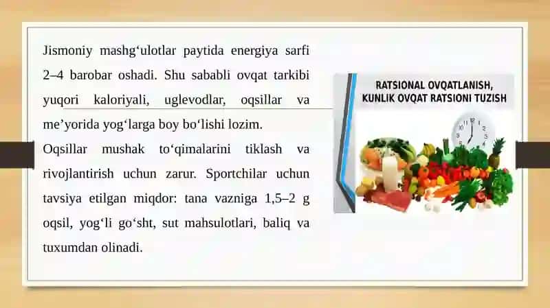 JISMONIY TARBIYA VA SPORT MASHG'ULOTLARI DAVRIDA OVQATLANISH GIGIYENASI 3